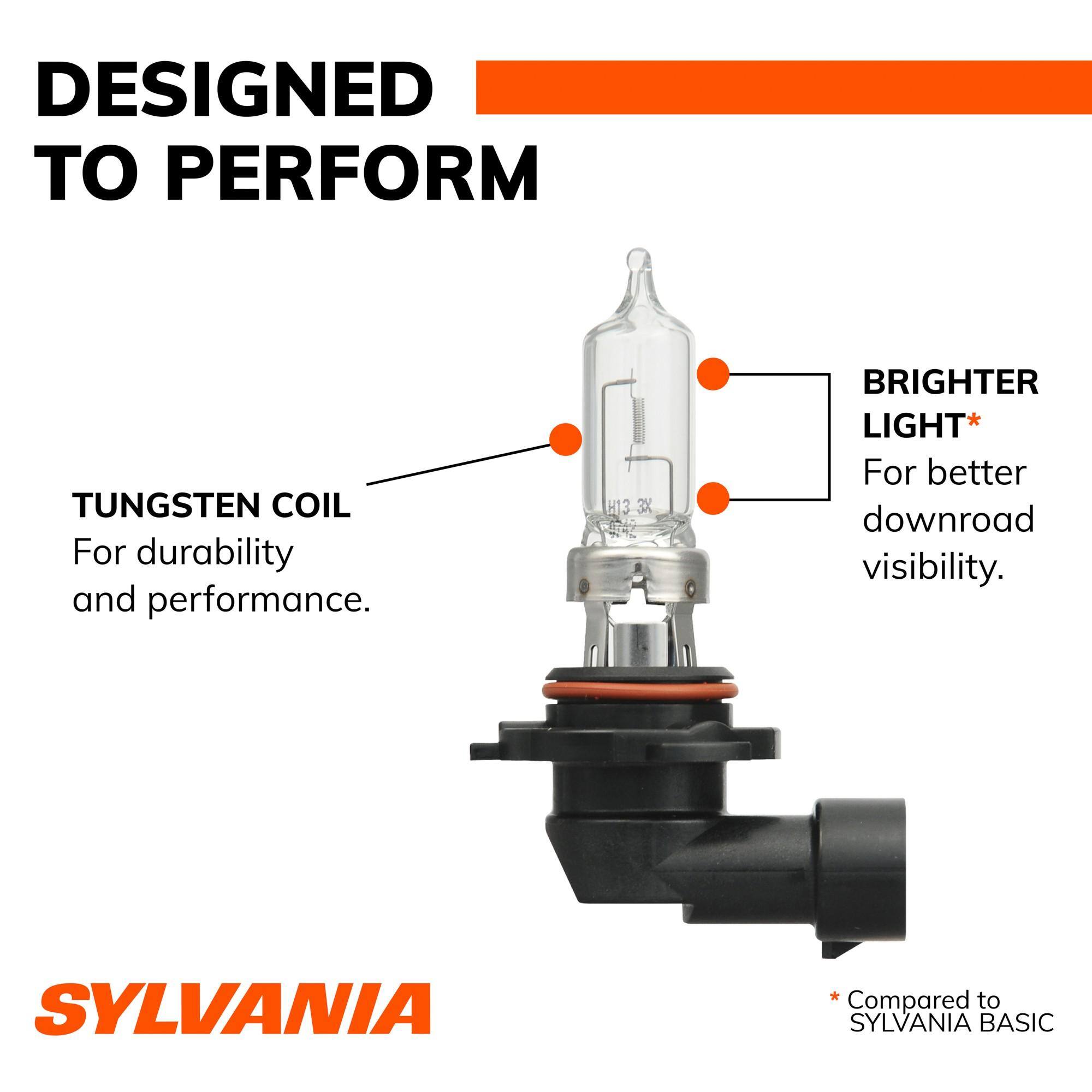 DESIGNED TO PERFORM

TUNGSTEN COIL For durability and performance.

H13 3X

BRIGHTER LIGHT* For better downroad visibility.

SYLVANIA

* Compared to SYLVANIA BASIC