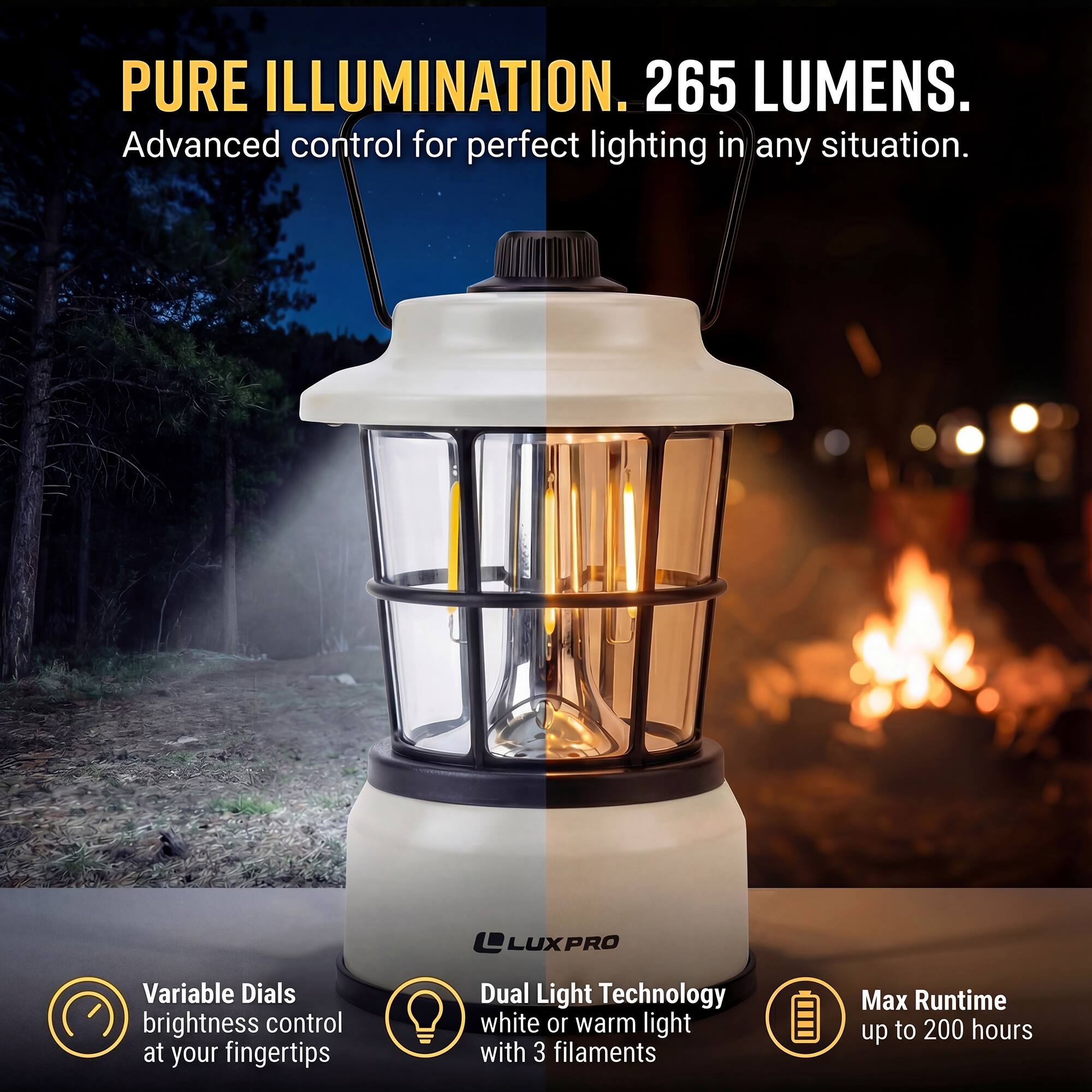 PURE ILLUMINATION. 265 LUMENS.  
Advanced control for perfect lighting in any situation.  
LUXPRO Variable Dials brightness control at your fingertips  
Dual Light Technology white or warm light with 3 filaments  
Max Runtime up to 200 hours