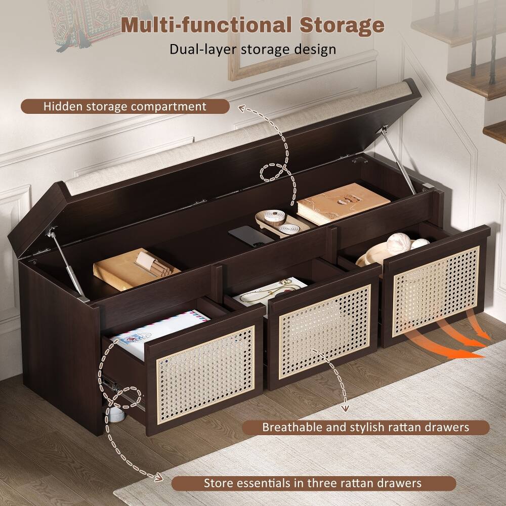 Multi-functional Storage  
Dual-layer storage design  

Hidden storage compartment  

Breathable and stylish rattan drawers  

Store essentials in three rattan drawers