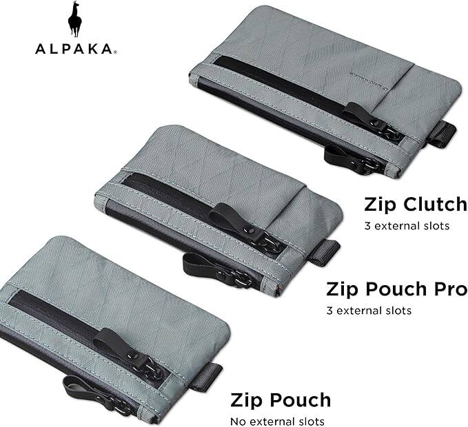 ALPAKA

Zip Clutch  
3 external slots

Zip Pouch Pro  
3 external slots

Zip Pouch  
No external slots