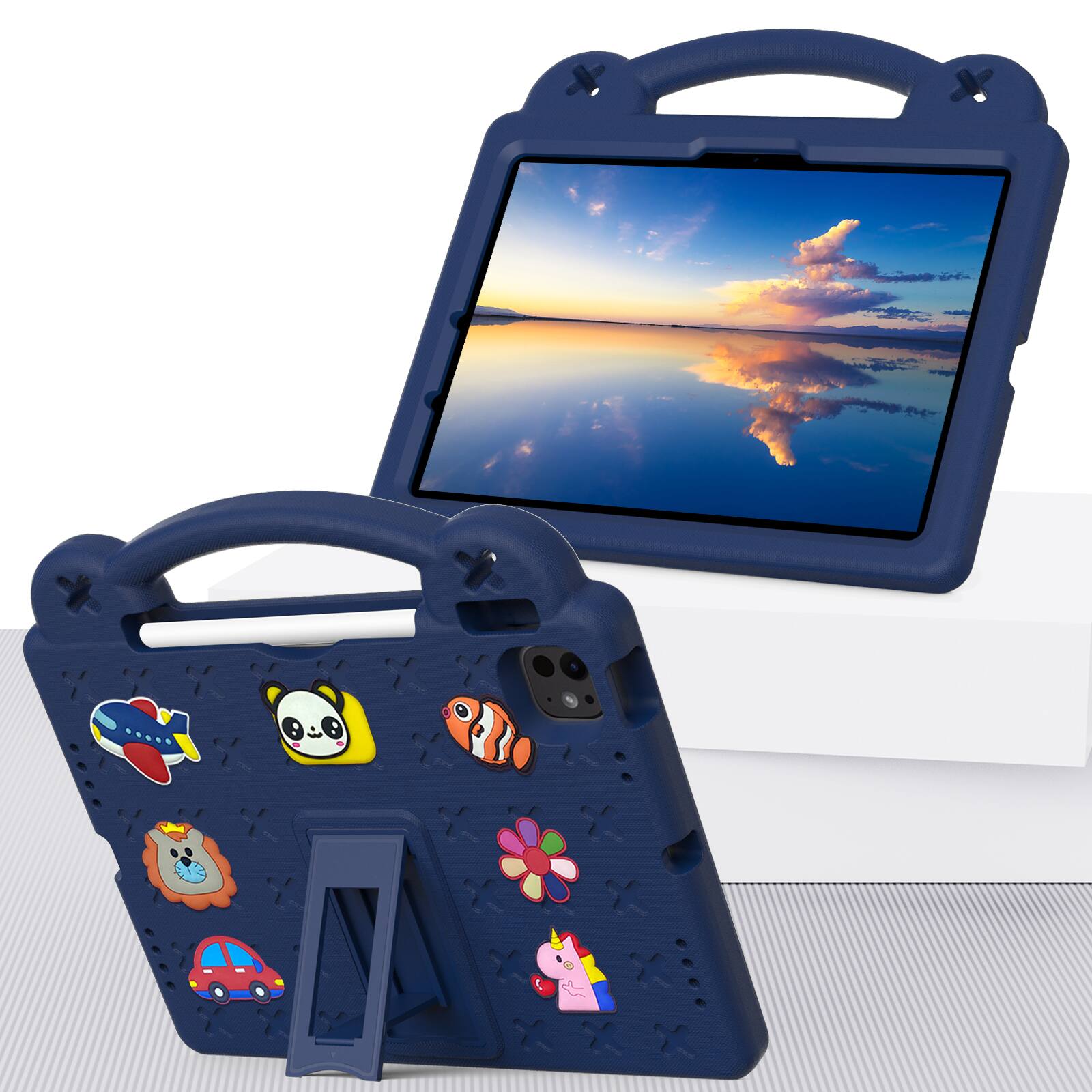Left. UUCOVER - Kids Case for iPad Air 11-inch M4 M3 M2 (2026/2025/2024),Shockproof EVA Case Handle Adjustable Stand Cover - Navyblue.