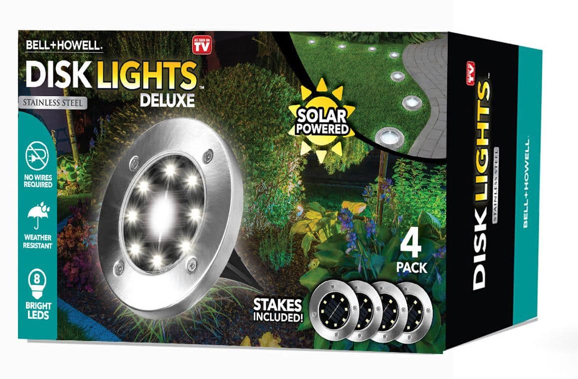 Bell + Howell - 8 LED Solar Powered Disk Lights, 4 Pack, Outdoor Pathway Lights, Waterproof, Auto On/Off, Rust Resistant