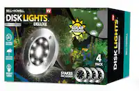 AS SEEN ON BELL+HOWELL TV. BELL+HOWELL DISK LIGHTS™ STAINLESS STEEL DELUXE NO WIRES REQUIRED WEATHER RESISTANT 8 BRIGHT LEDS SOLAR POWERED STAKES INCLUDED! 4 PACK TV LIGHTS STAINLESS STEEL DISK LIGHTS BELL+HOWELL