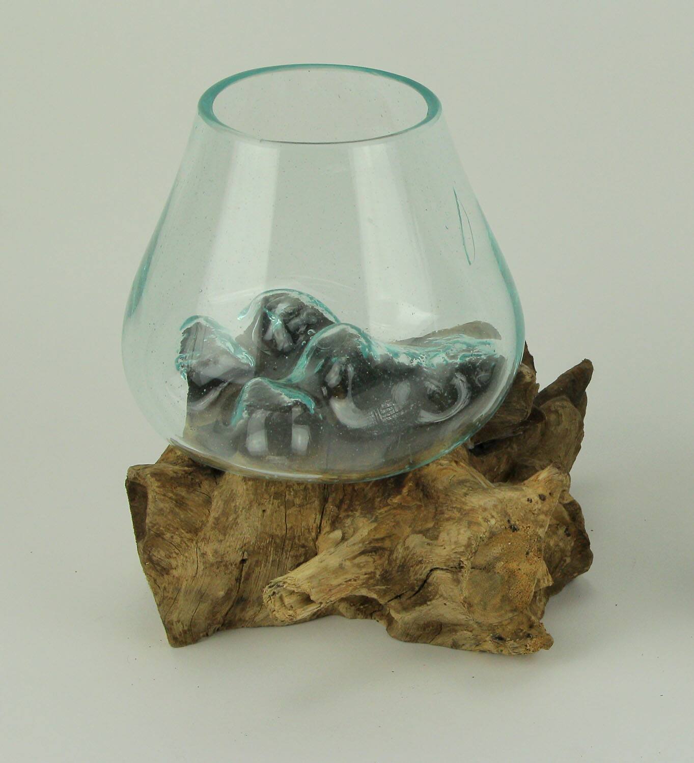Alt View 3. Zeckos - Clear Molten Glass On Teak Driftwood Base Decorative Bowl Vase Terrarium Planter - Brown.