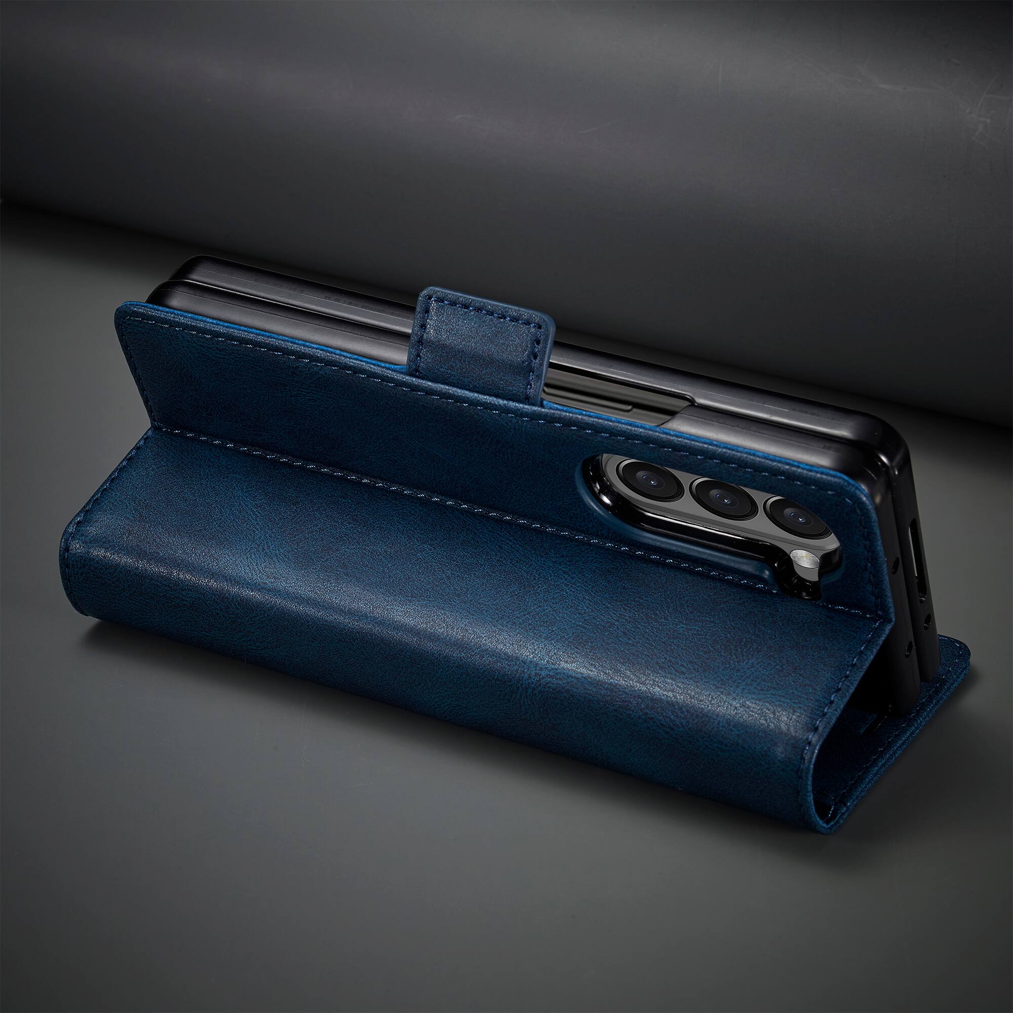 Alt View 4. Dteck - Wallet Case for Samsung Galaxy Z Fold 7, Magnetic PU Leather RFID Blocking Card Slots Kickstand Shockproof Cover - Blue.