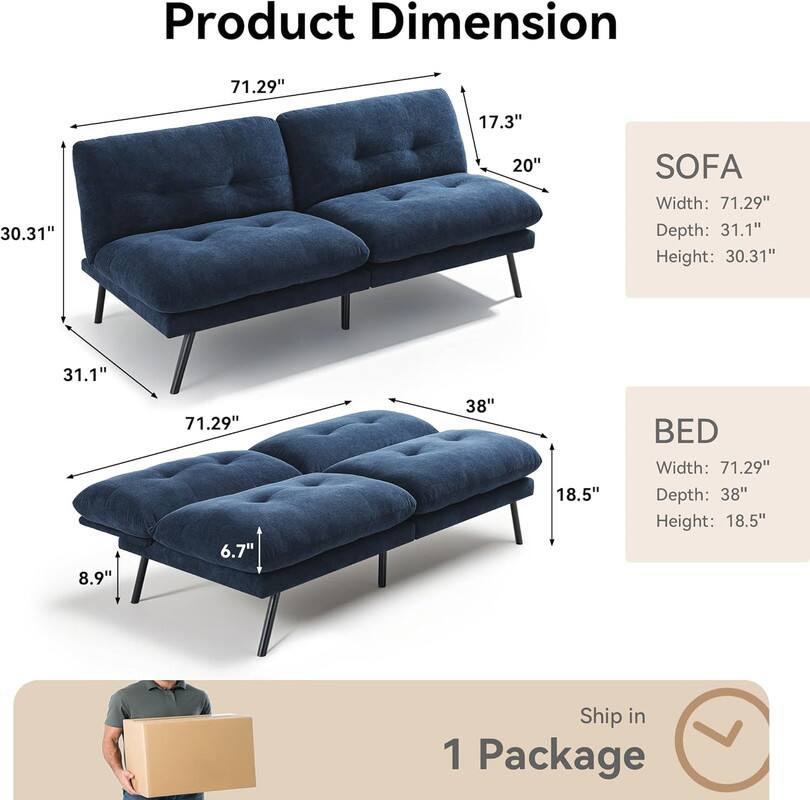 Product Dimension: 71.29" x 17.3" x 30.31" 

Sofa:
- Width: 71.29"
- Depth: 31.1"
- Height: 30.31"

Bed:
- Width: 71.29"
- Depth: 38"
- Height: 18.5"

Ships in 1 Package.