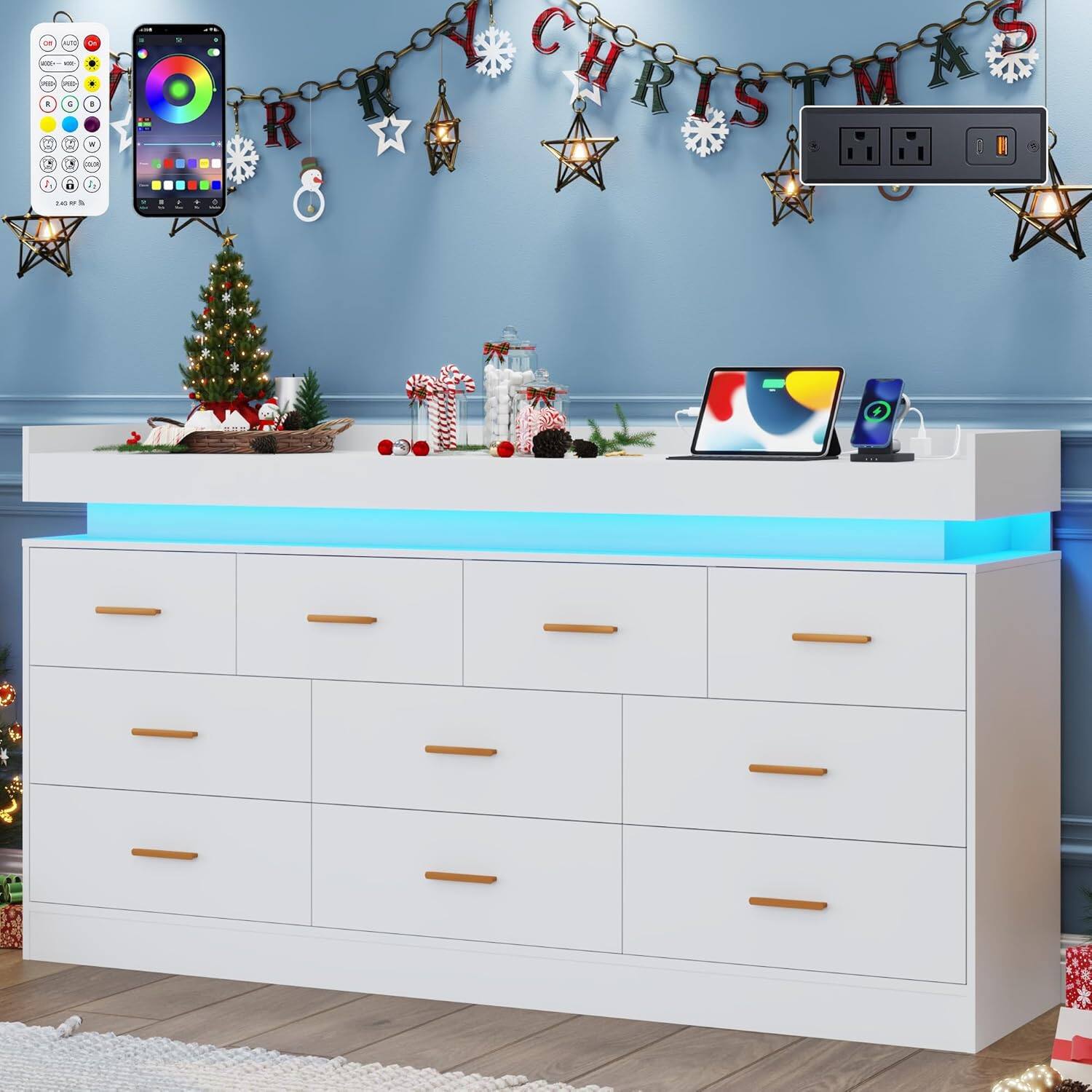 Angle. Espafurni - 10 - Drawer Dresser with LED Light & Charging Station - Modern Chest for Bedroom, Living Room, Entryway & Hallway - White.