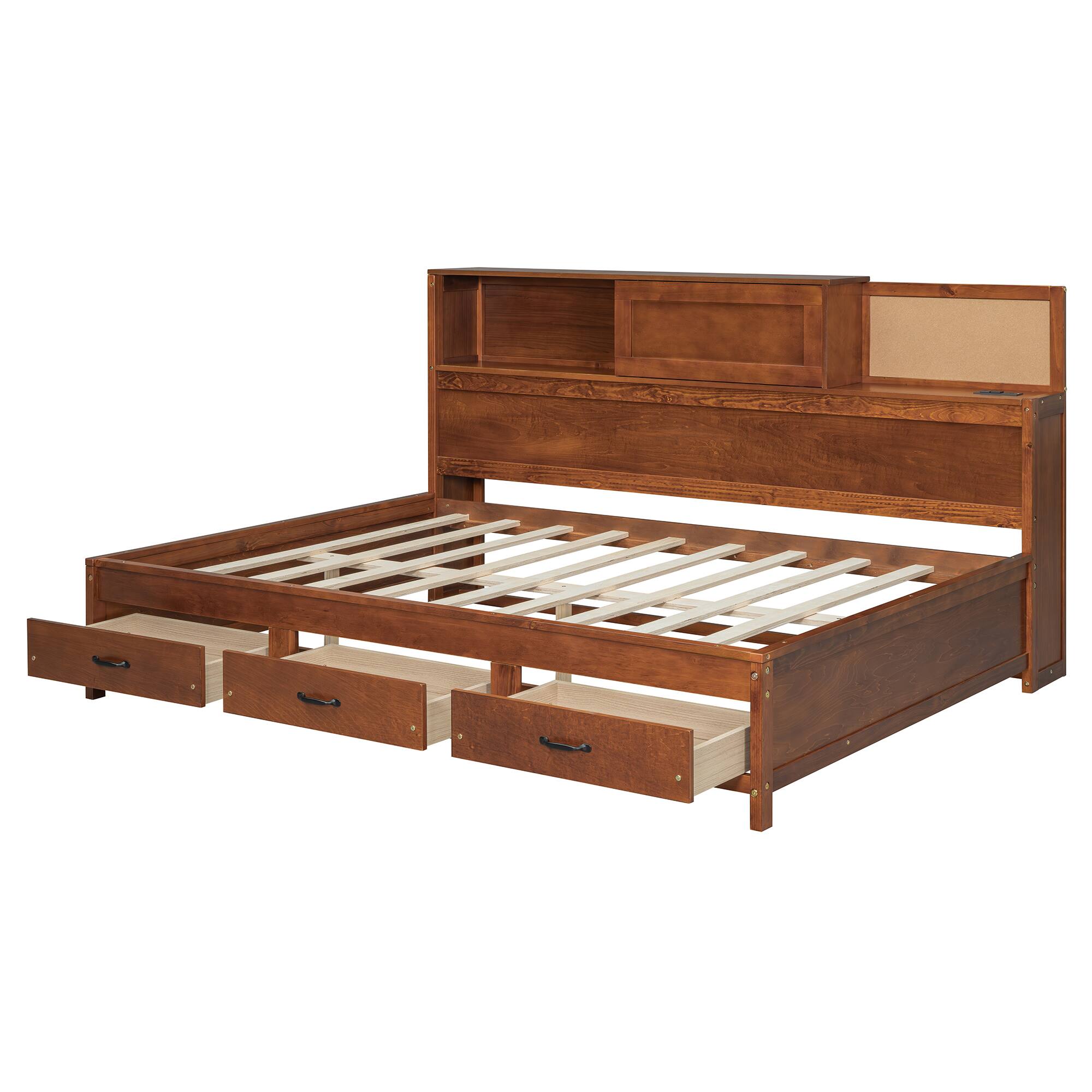 Alt View 5. Tiramisubest - Full Size Wooden Daybed with 3 Storage Drawers, Upper Soft Board, shelf, and a set of Sockets and USB Ports, Walnut - Walnut.