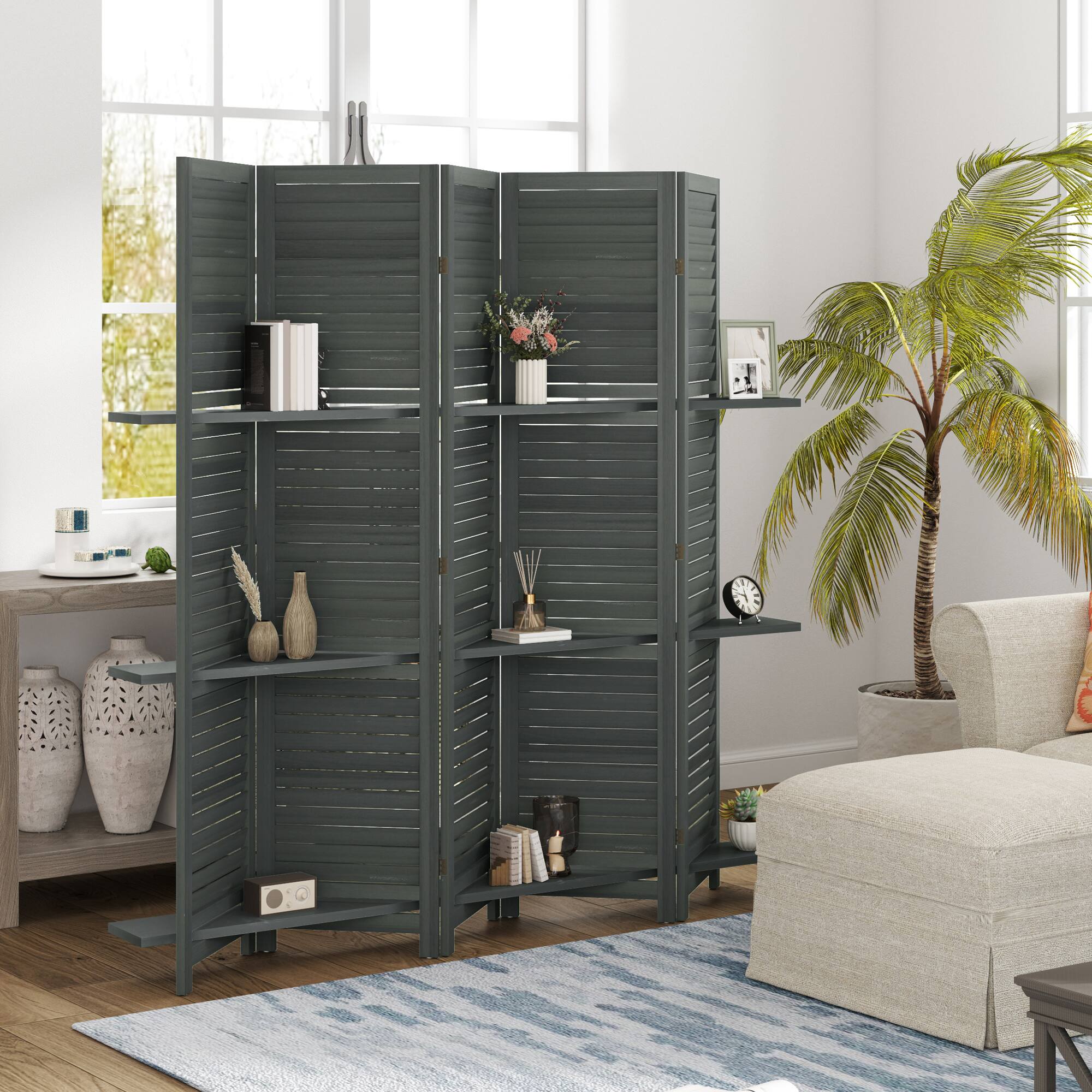 Alt View 1. Homcom - Room Divider, 5 Panel Wood Privacy Screen with Display Shelves and Folding Storage for Bedroom or Home Office - Gray.