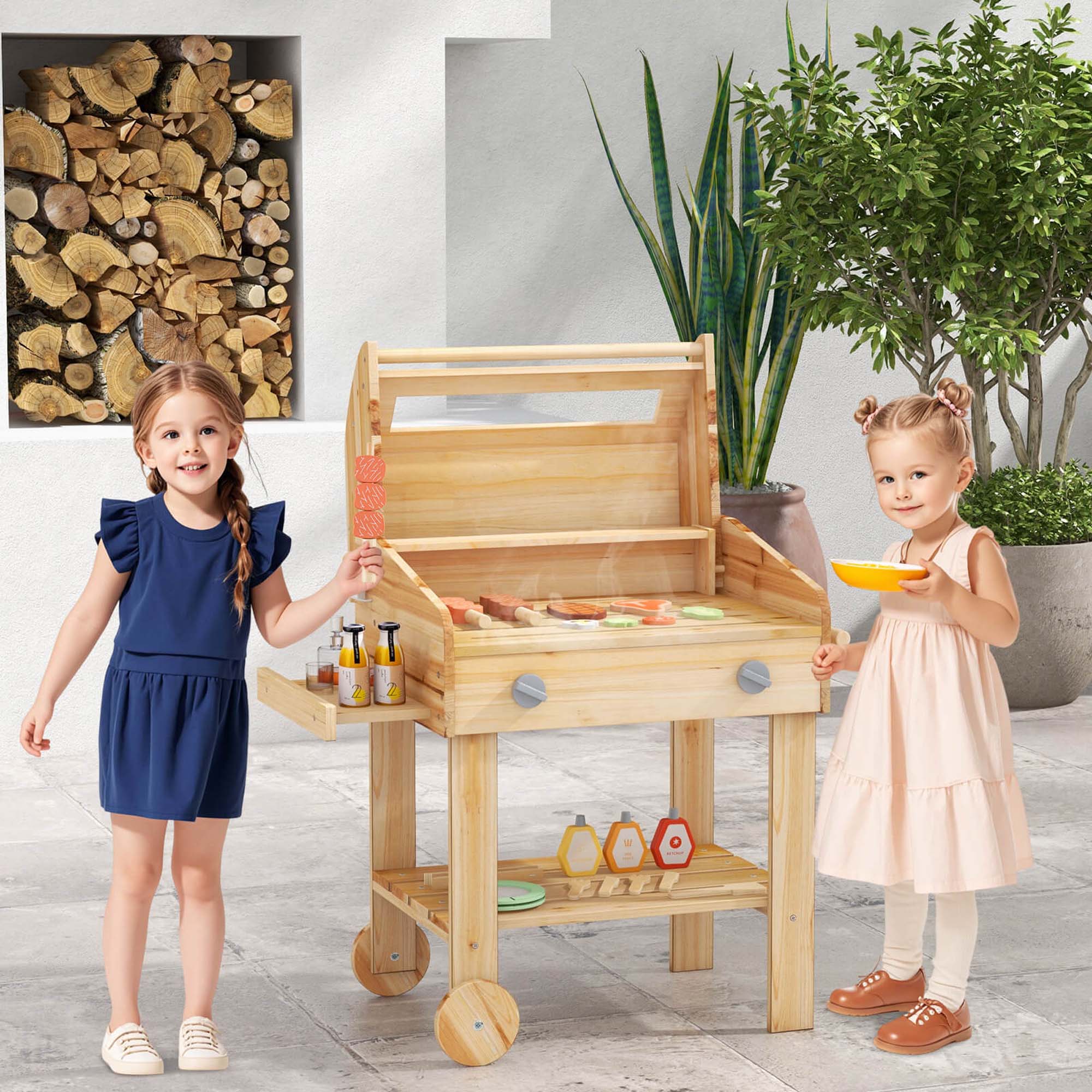 Alt View 3. Costway - Costway Wooden Barbecue Grill Playset with Play Food Grilling Tools & Accessories - Natural.