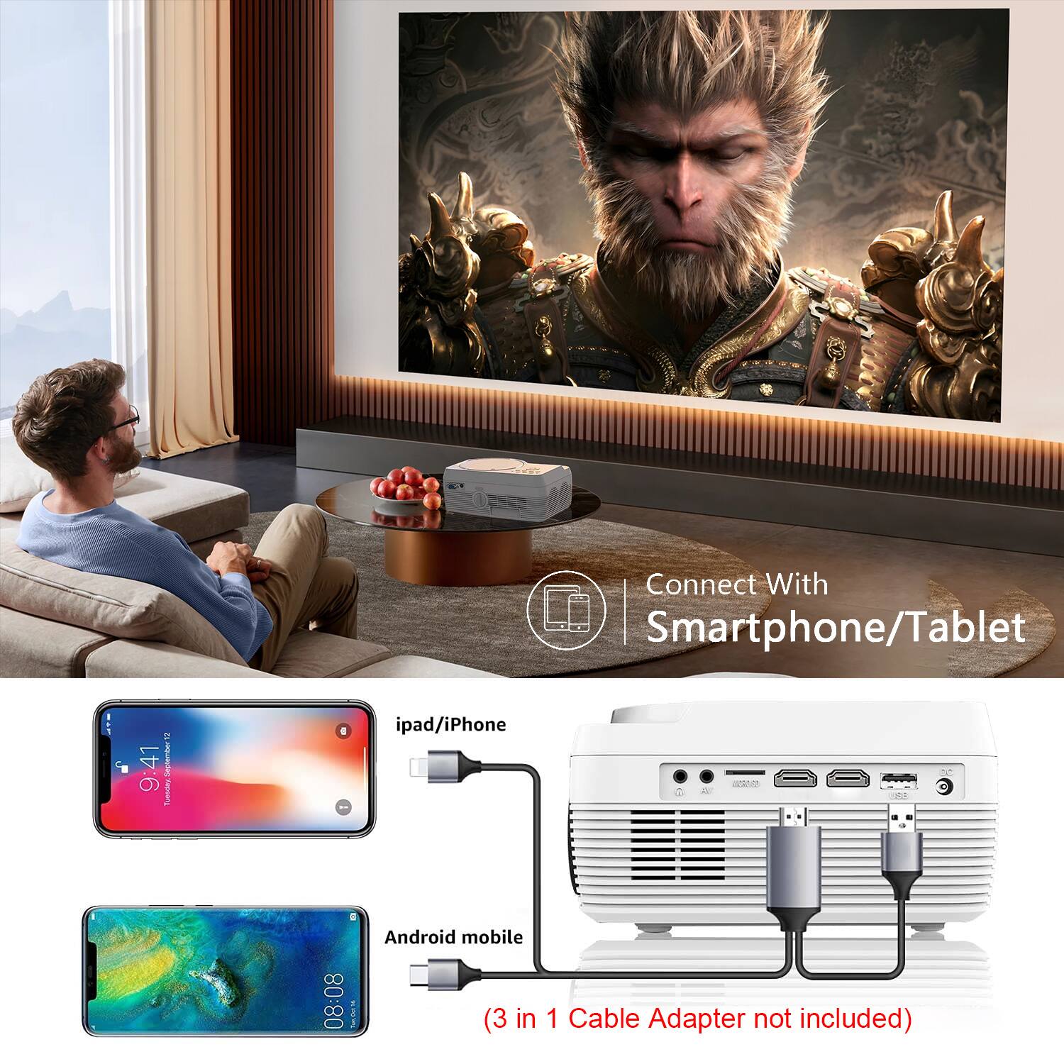 Connect With Smartphone/Tablet

- iPad/iPhone
- Android mobile (3 in 1 Cable Adapter not included)