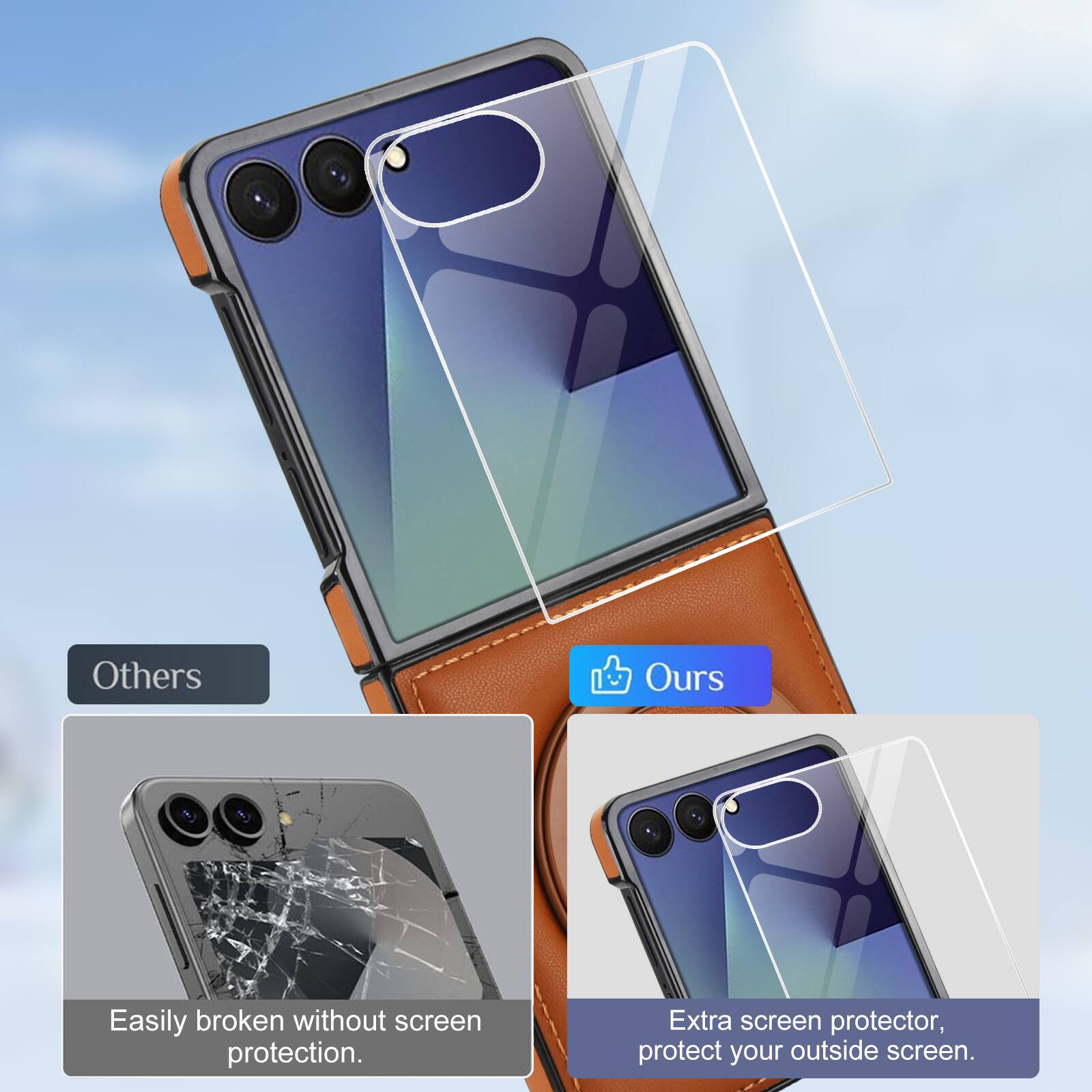 Others: Easily broken without screen protection.

Ours: Extra screen protector, protect your outside screen.