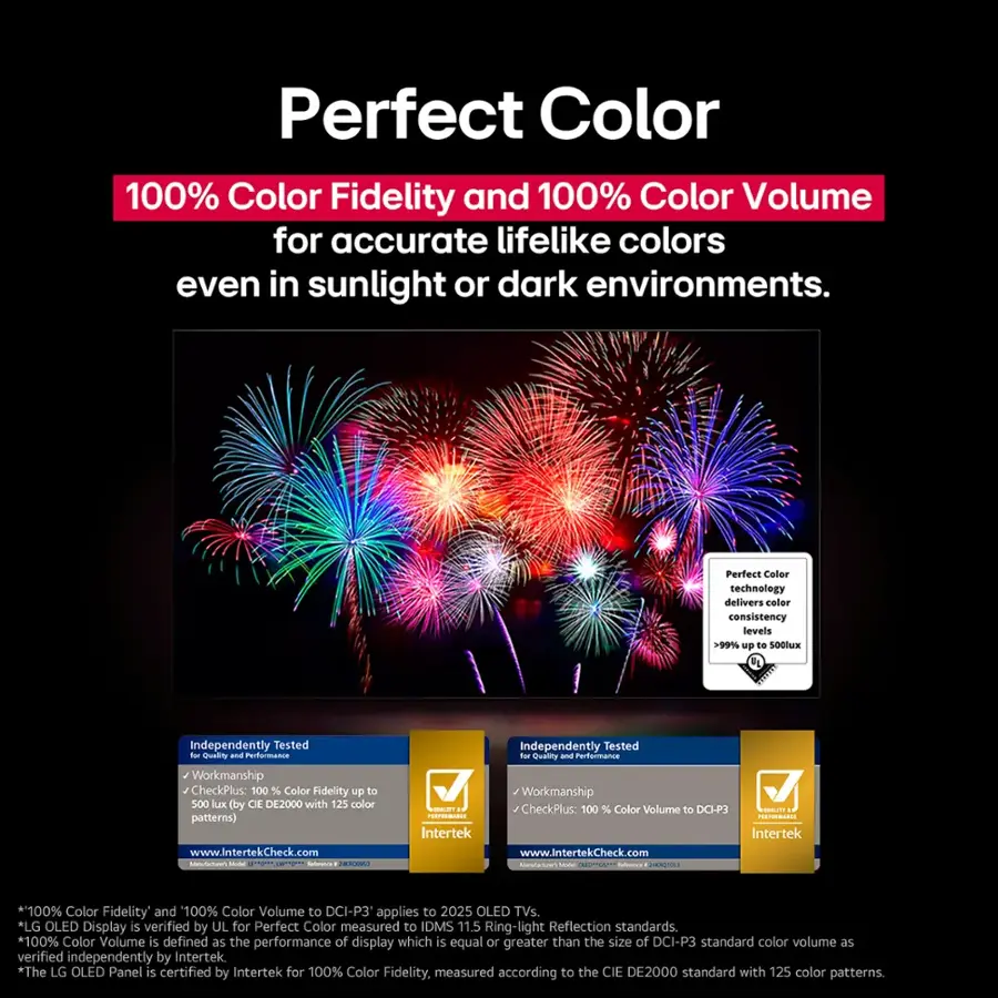 Perfect Color 100% Color Fidelity and 100% Color Volume for accurate lifelike colors even in sunlight or dark environments. Perfect Color technology delivers color consistency levels >9% up to SO0IuM Independently Tested for Quality and Workmanship CheckPlus: 100 % Color Fidelity up to 500 luxe (by C DE2000 with 125 color patterns) [www.IntertekCheck.com](http://www.IntertekCheck.com).   Independently Tested for Quality and Workmanship CheckPlus: 100 % Color Volume to DCI-P3 oi  PSSEANE Intertek [www.IntertekCheck.com](http://www.IntertekCheck.com).  100% Color Fidelity and '100% Color Volume to DCI-P3' applies to 2025 OLED TVs. *LG OLED Display is verified by UL for Perfect Color measured to IDMS 11.5 Ring-light Reflection standards. *100% Color Volume is defined as the performance of display which is equal or greater than the size of DCI-P3 standard color volume as verified independently by Intertek. *The LG OLED Panel is certified by Intertek for 100% Color Fidelity, measured to IDMS 11.5 Ring-light Reflection standards.