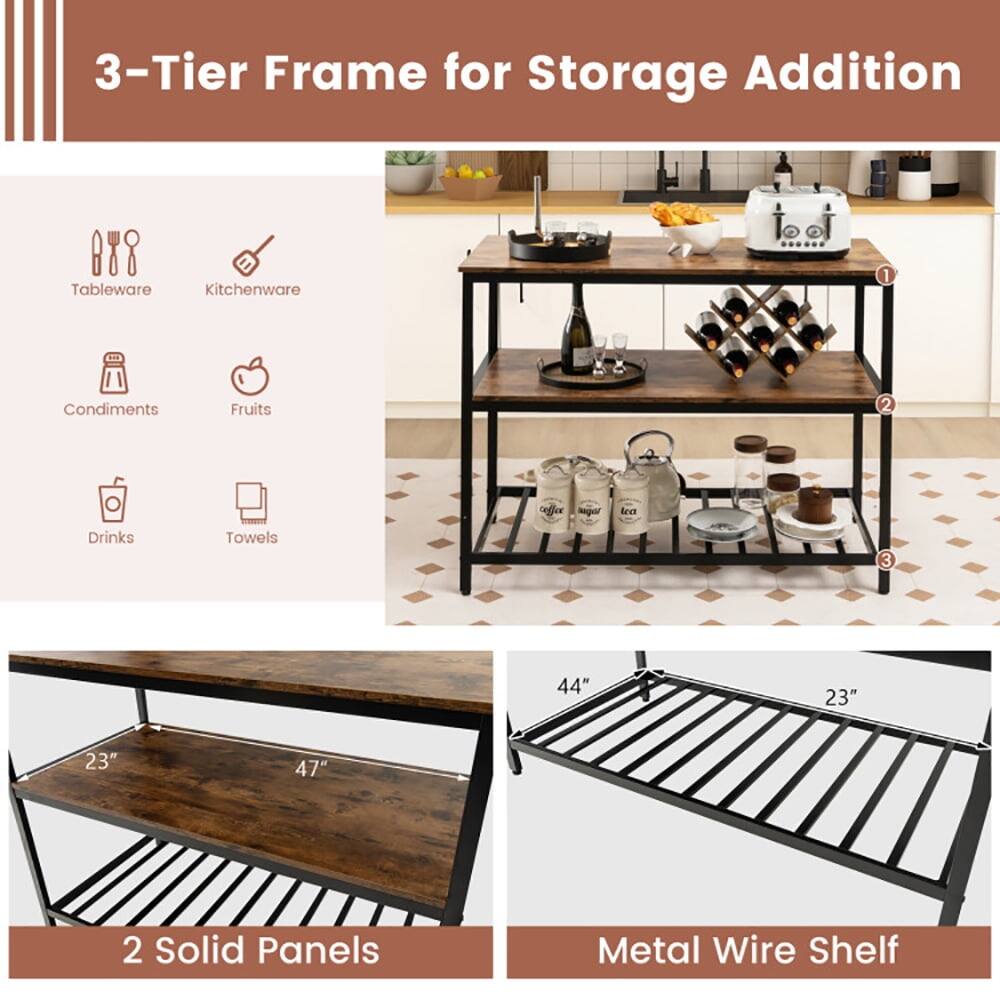 3-Tier Frame for Storage Addition

1. Tableware
2. Kitchenware
3. Condiments
4. Fruits
5. Drinks
6. Towels

Dimensions:
- 44" x 23" x 23"
- 47"

Features:
- 2 Solid Panels
- Metal Wire Shelf