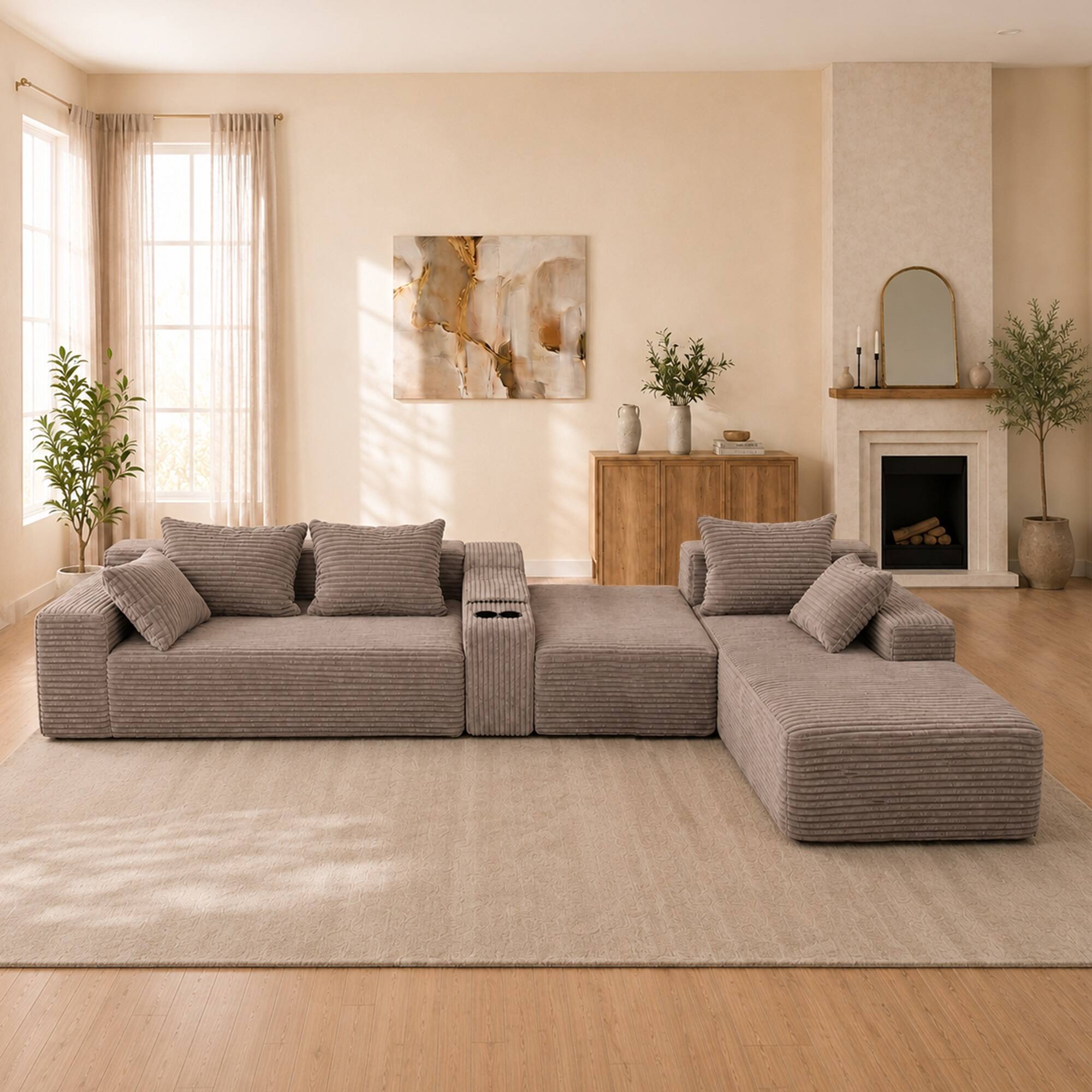 Left. Anysun - Corduroy U-Shaped Modular Segmented Sofa – Large Sitting Depth Convertible, Cup Holders & Storage, Right-Facing Chaise - Coffee.