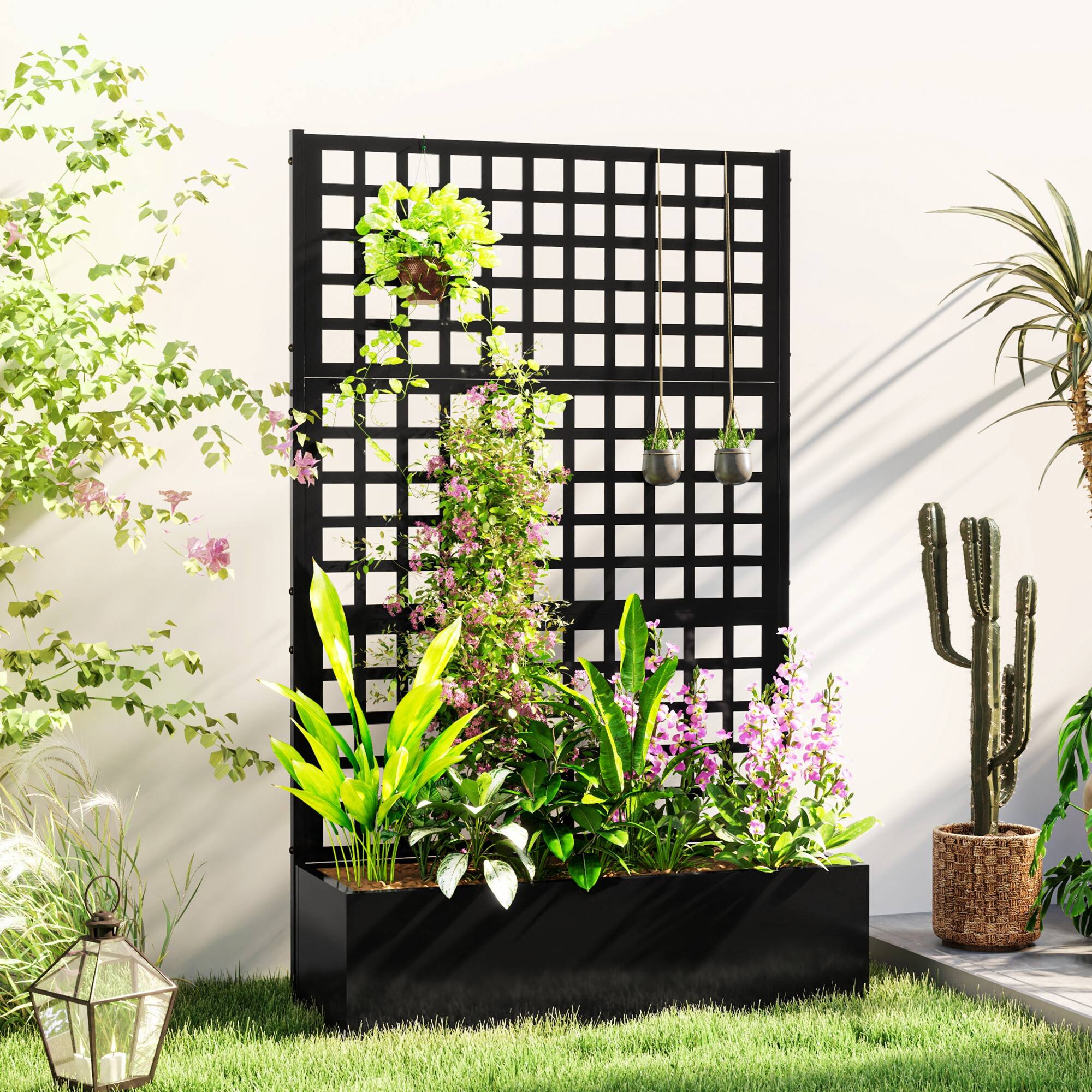 Alt View 1. Outsunny - Raised Garden Bed Planter Box with Trellis for Climbing Plants, Vegetable, Vines - Black.