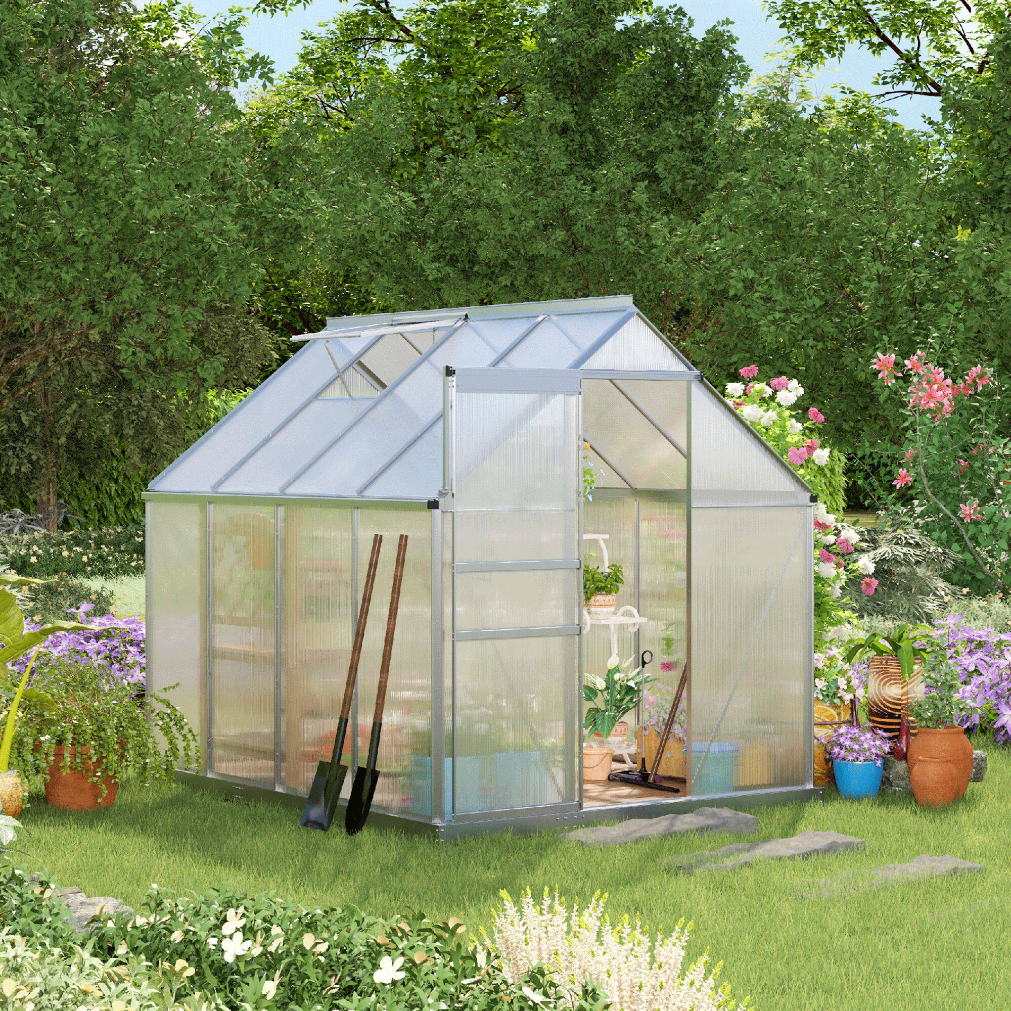 Alt View 1. Outsunny - 8' x 6' Aluminum Outdoor Greenhouse, Polycarbonate Walk-in Garden Greenhouse Kit with Adjustable Roof Vent.