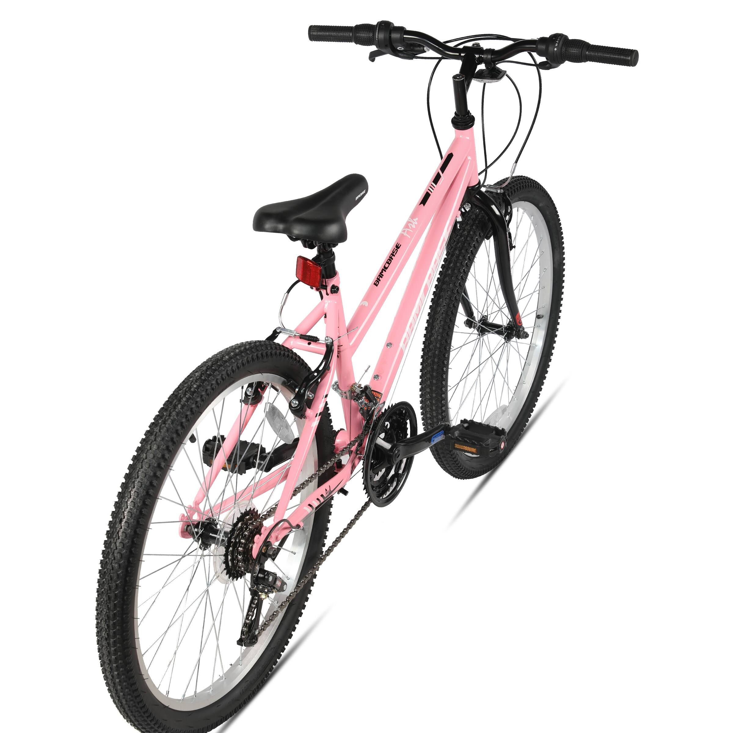 Left. HILAND - BAMCBASE Lavender 26'' Step-through Mountain Bike with 18-Speed, High-Tensile Steel Frame Bicycle, MTB Women, Pink - pink.