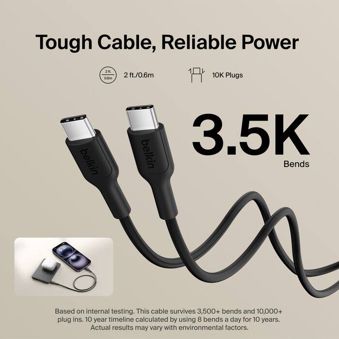 Tough Cable, Reliable Power  
2 ft./0.6m  
10K Plugs  
3.5K Bends  

Based on internal testing. This cable survives 3,500+ bends and 10,000+ plug ins. 10 year timeline calculated by using 8 bends a day for 10 years. Actual results may vary with environmental factors.