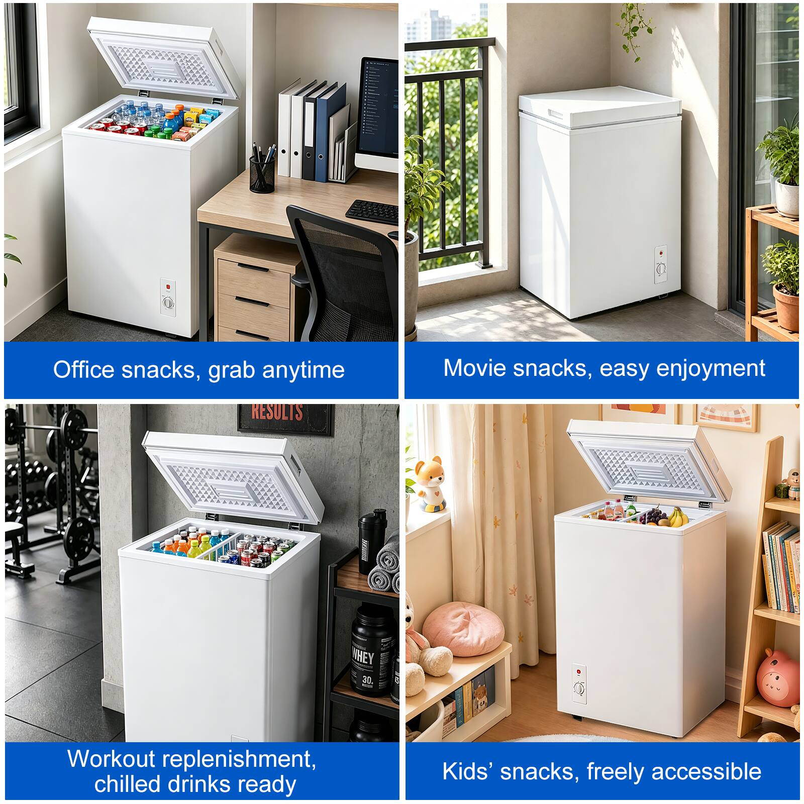 Office snacks, grab anytime  
Movie snacks, easy enjoyment  
Workout replenishment, chilled drinks ready  
Kids' snacks, freely accessible
