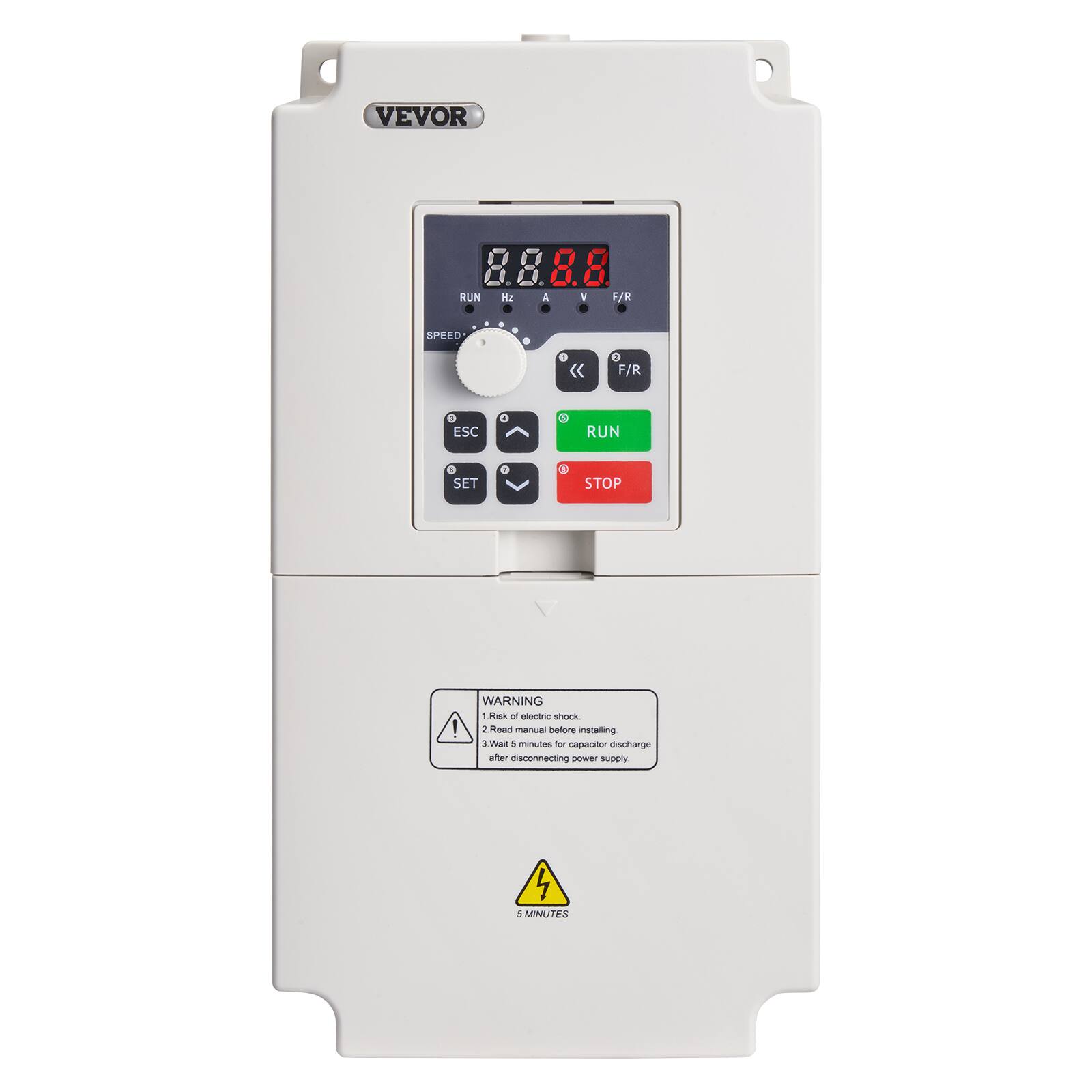 VEVOR

RUN
12
0 A
I
F/R
SPEED*
G 
0 F/R
I ESC
4
1
RUN
1 SET
STOP

WARNING Risk of electric shock Read manual before installing 3. Wait 8 minutes for capacitor discharge after disconnecting power supply

4 MINUTES 5