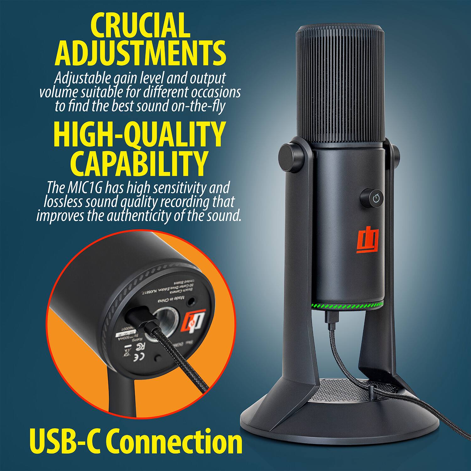 CRUCIAL ADJUSTMENTS  
Adjustable gain level and output volume suitable for different occasions to find the best sound on-the-fly  

HIGH-QUALITY CAPABILITY  
The MIC1G has high sensitivity and lossless sound quality recording that improves the authenticity of the sound.  

USB-C Connection