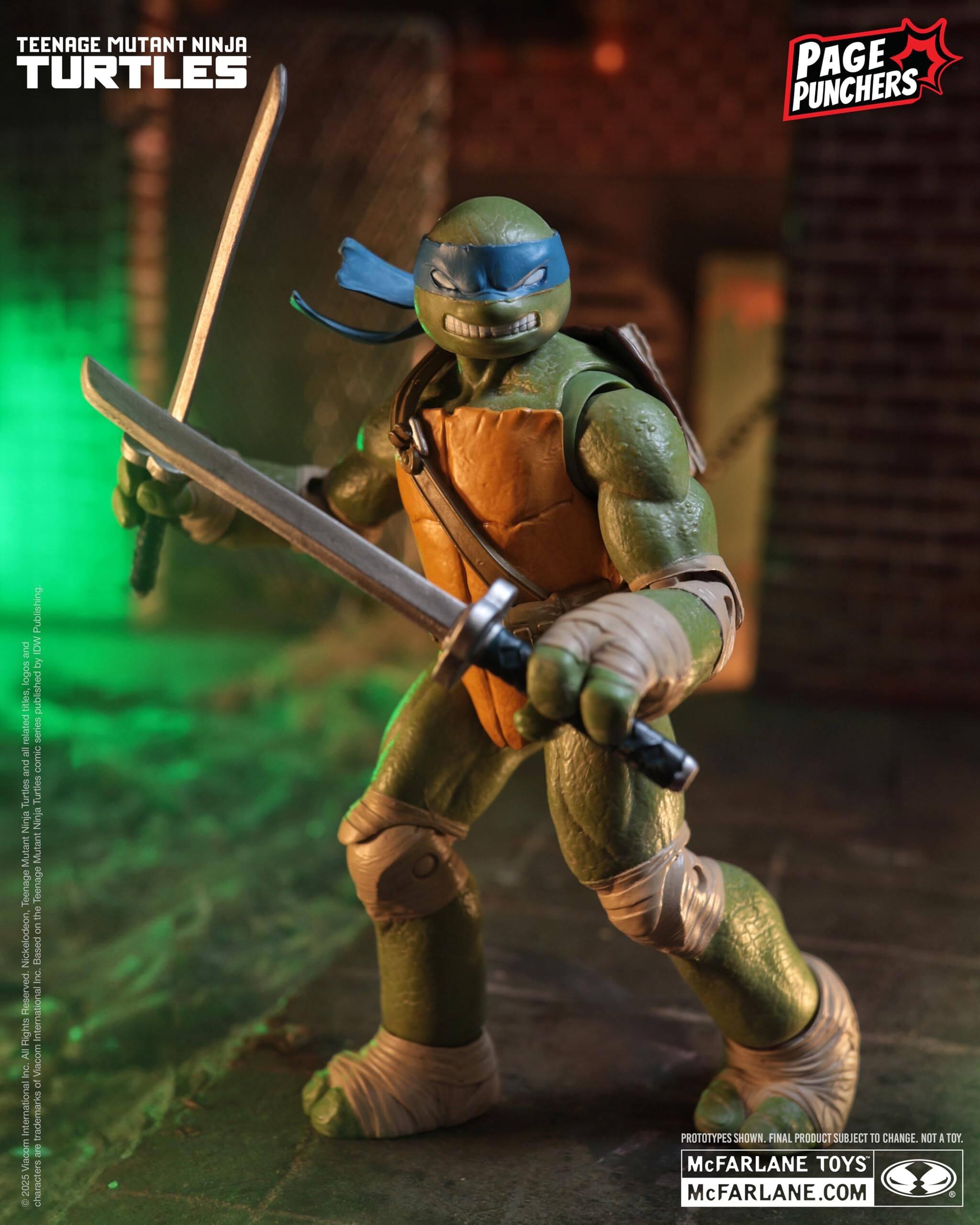 TEENAGE MUTANT NINJA TURTLES PAGE PUNCHERS  
Publishing DUE IDW by logos titles, published related series all and comic Turtles Turties Ninja Ninja Mutant Mutant Teenage Toenage the on Nickelodeon, Based inc.  
Viacom International Rights All inc.  
PROTOTYPES SHOWN. FINAL PRODUCT SUBJECT TO CHANGE. NOT A TOY.  
McFARLANE TOYS  
McFARLANE.COM