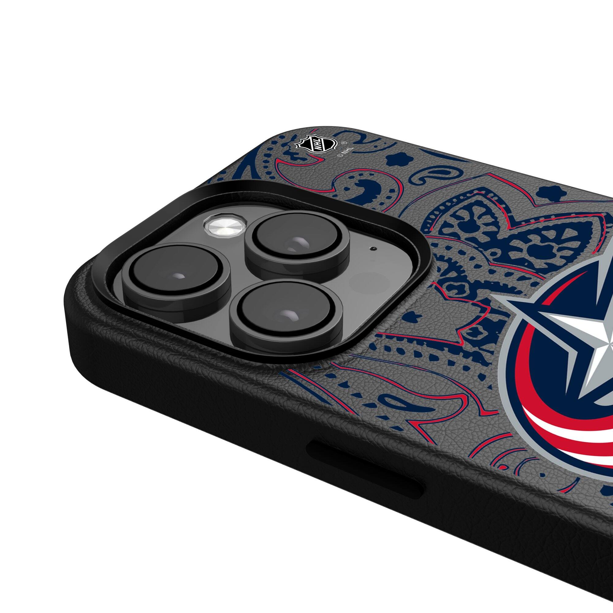 Alt View 3. Keyscaper - Black Columbus Blue Jackets Paisley iPhone Magnetic Bump Case - 15 Pro Max - Black.