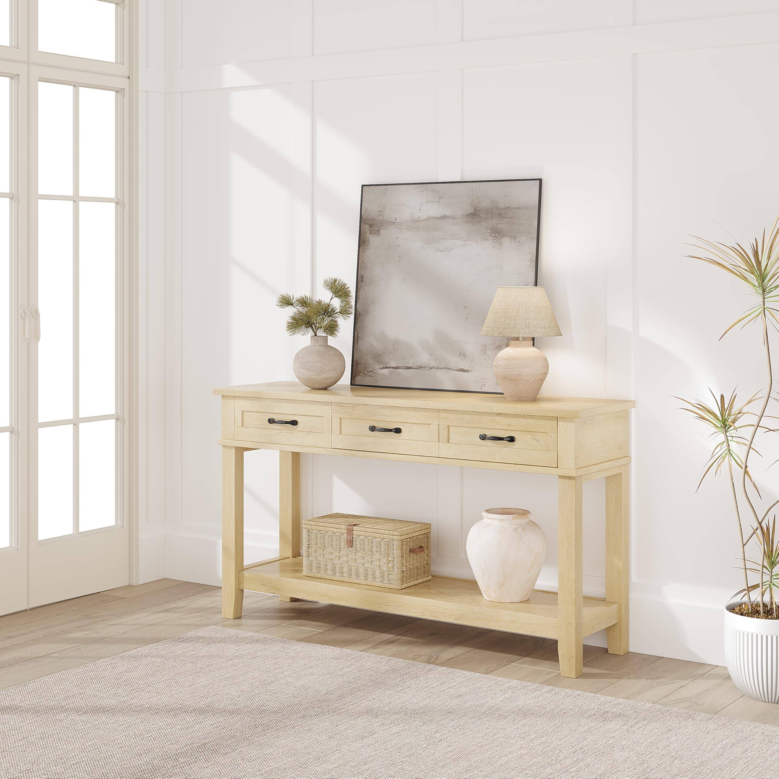 Front. Qeetex - Entryway Table with 3 Storage Drawers, 3-Tier Farmhouse Wooden Console Table for Living Room, Hallway - Natural.