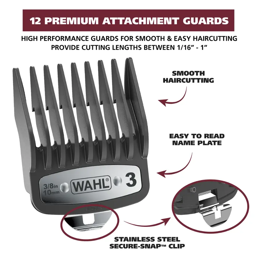 12 Premium Attachment Guards: High Performance Guards for Smooth & Easy Haircutting, Provide Cutting Lengths Between 1/16" - 1", 1 1/8" Smooth Haircutting, Easy to Read Name Plate, 3/8in WAHL 3 10mm USA Stainless Steel Secure-Snap Clip.