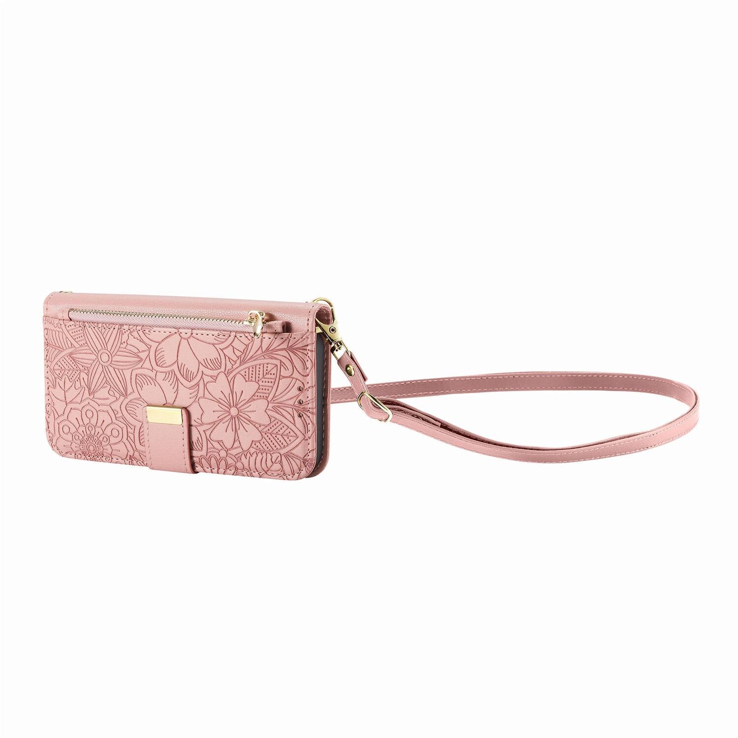 Alt View 2. Dteck - Floral Embossed Leather Zipper Cash Slot Wallet Case for Apple iPhone 16 with Detachable Strap - Rosegold.