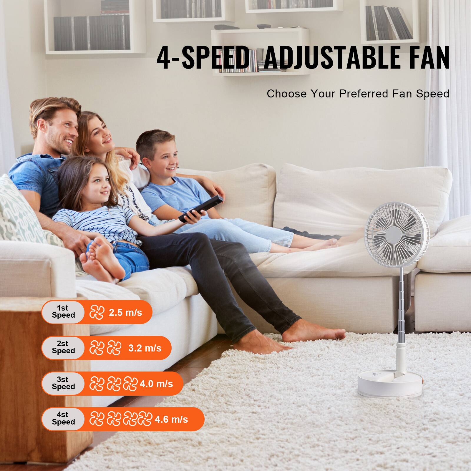 4-SPEED ADJUSTABLE FAN  
Choose Your Preferred Fan Speed  

1st Speed  
2.5 m/s  

2nd Speed  
3.2 m/s  

3rd Speed  
4.0 m/s  

4th Speed  
4.6 m/s