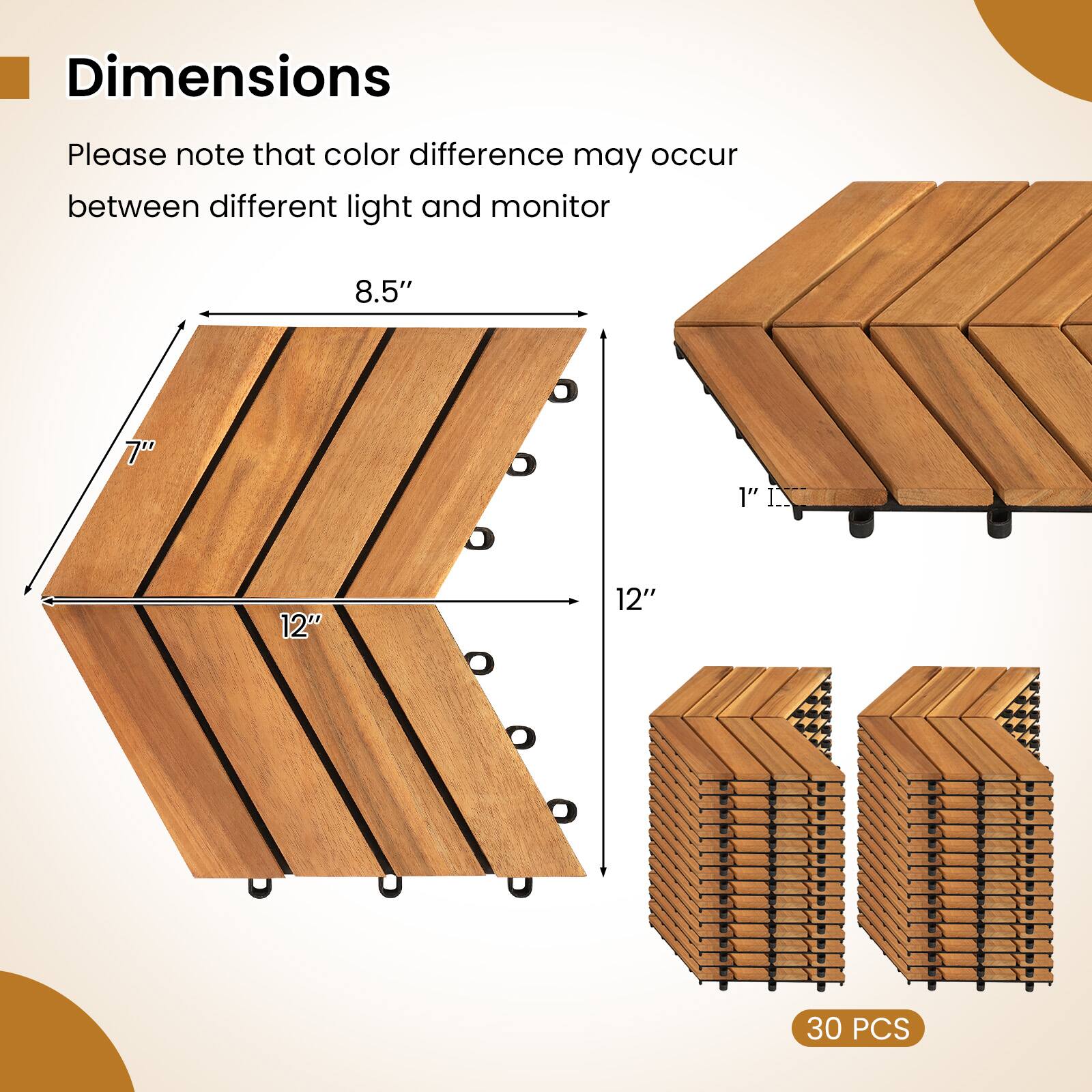 Dimensions  
Please note that color difference may occur between different light and monitor  
8.5" x 7" x 1"  
12" x 12"  
30 PCS