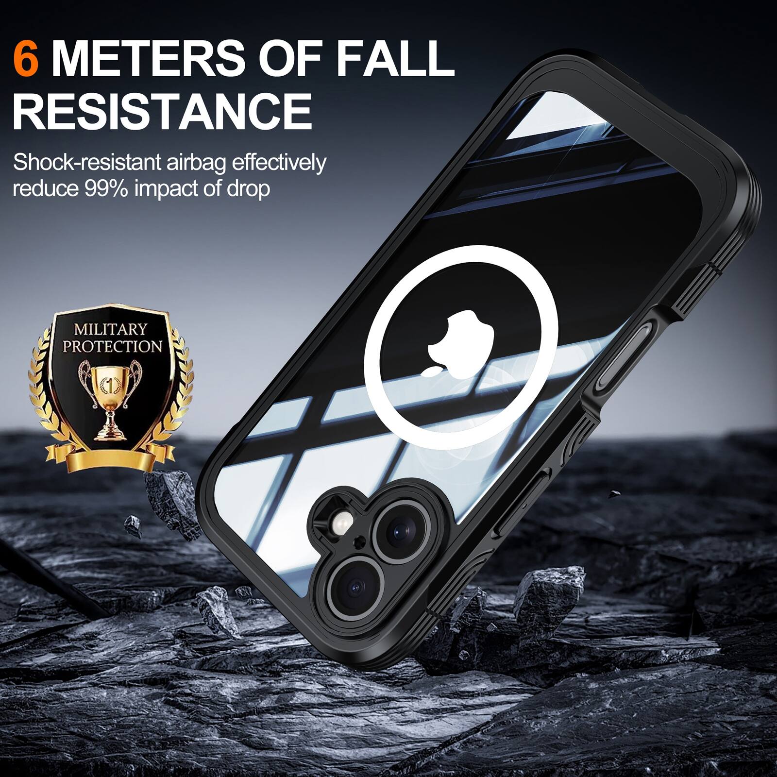 6 METERS OF FALL RESISTANCE  
Shock-resistant airbag effectively reduce 99% impact of drop  
MILITARY PROTECTION