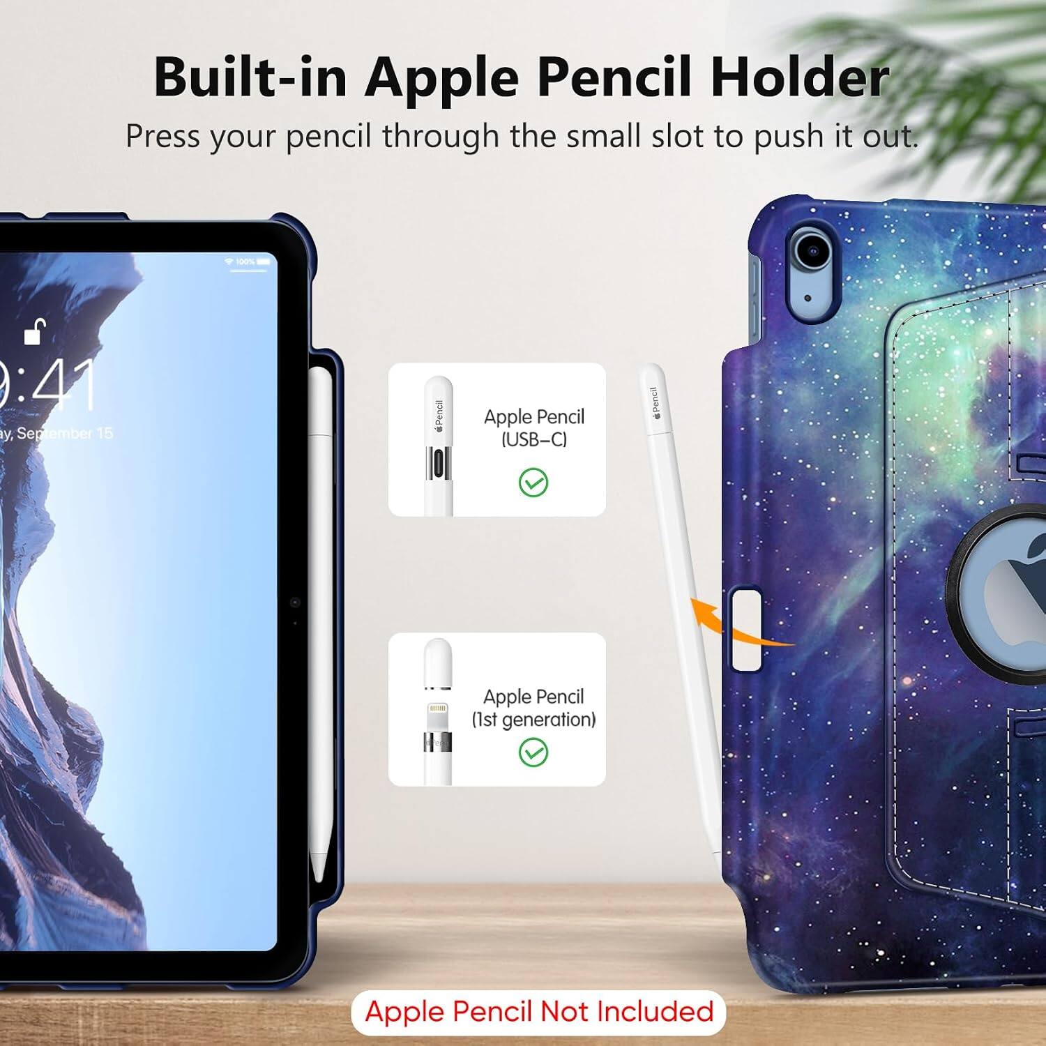 Built-in Apple Pencil Holder  
Press your pencil through the small slot to push it out.

9:42 y, September 15

Apple Pencil (USB-C)  
Apple Pencil (1st generation)  
Apple Pencil Not Included