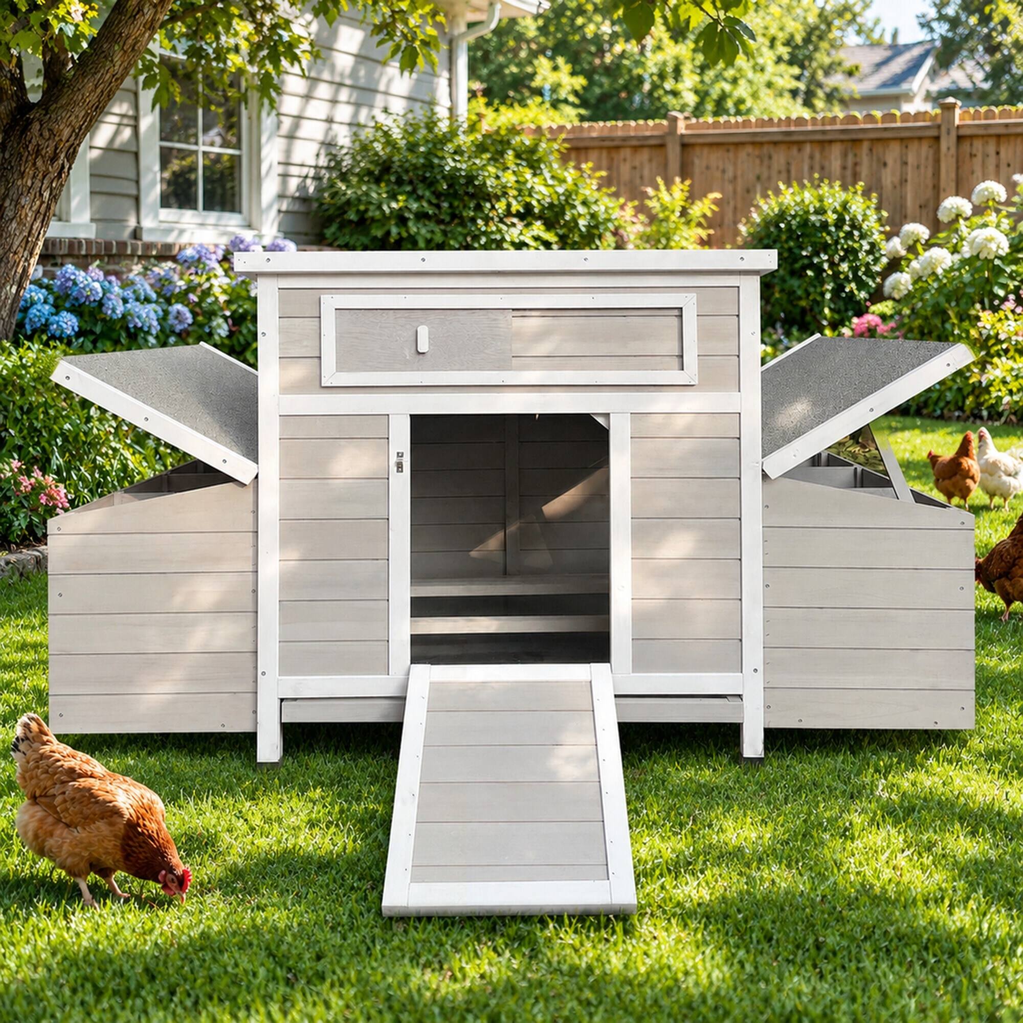 Alt View 1. RYHNUYNE - Large Wooden Chicken Coop, Outdoor Hen House, Poultry Cage, 2 Sides Nesting Boxes, 6 Egg Nests.