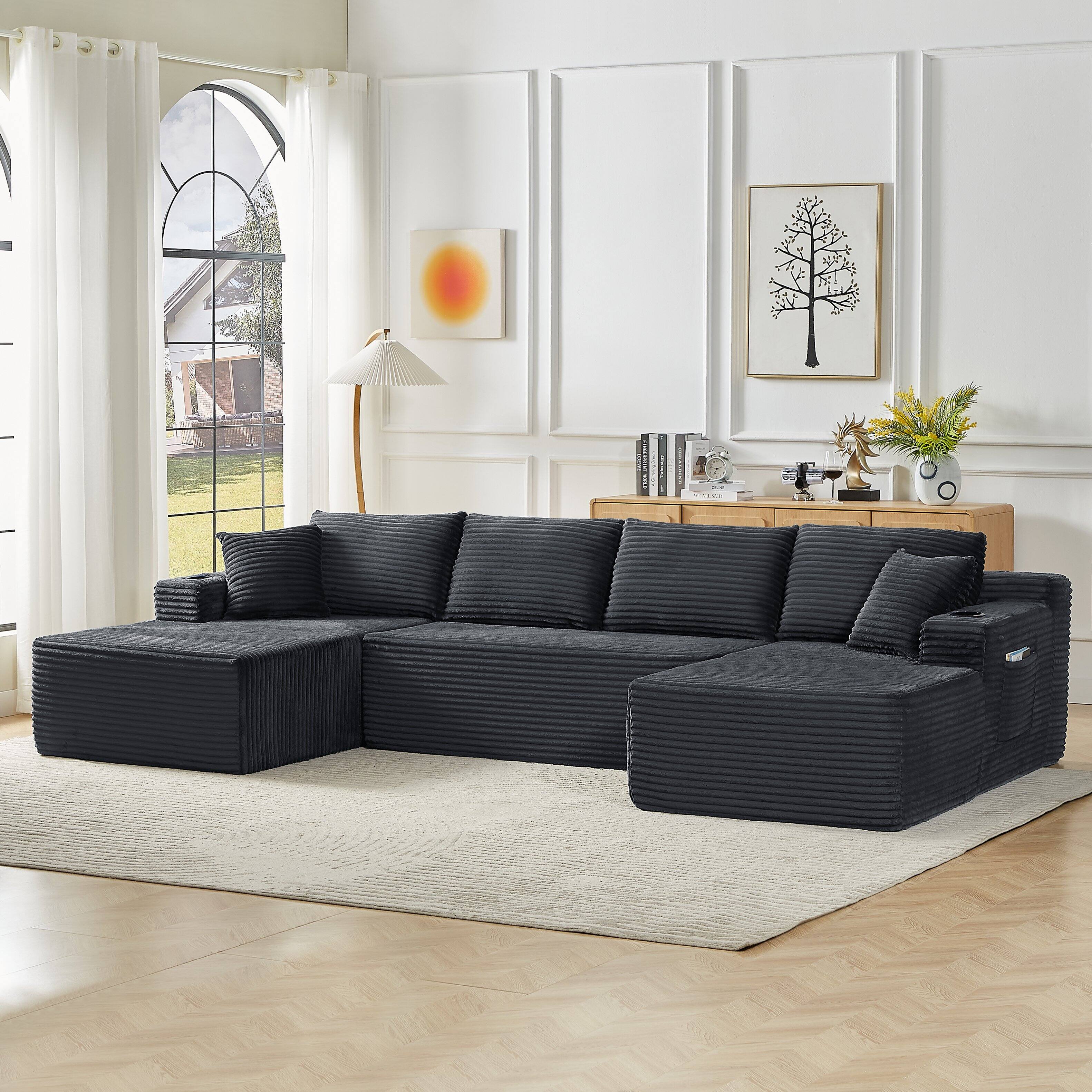 Alt View 3. Aukfa - U-Shaped Sectional Sofa Set - Minimalist Modular Design, Corduroy Cloud Couch for Living Room - Dark Gray.
