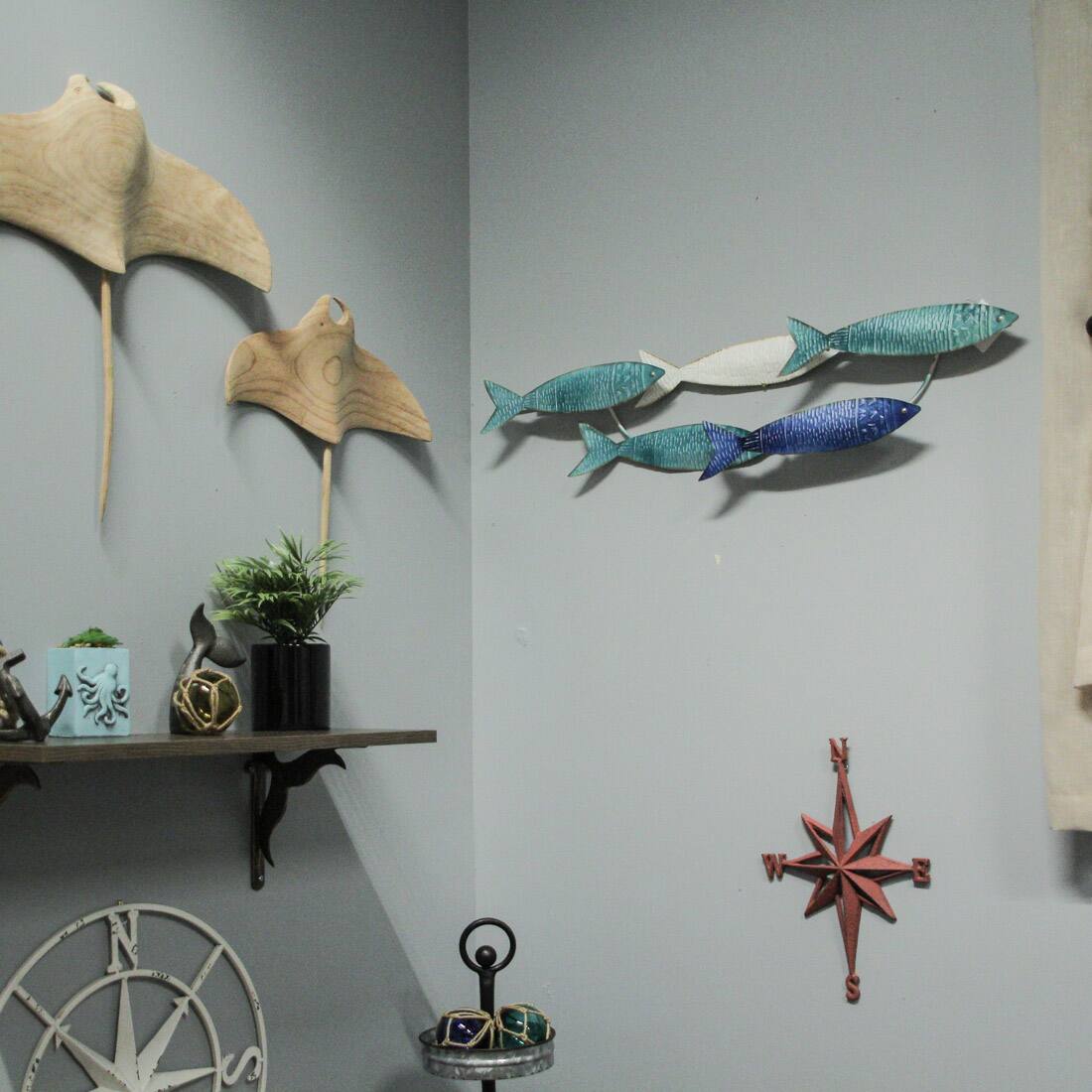 Alt View 4. Zeckos - Metal School of Fish Wall Decor Sculpture – Blue Nautical Beach Home Wall Art  - 34 by 7.25 Inches - Multicolored.