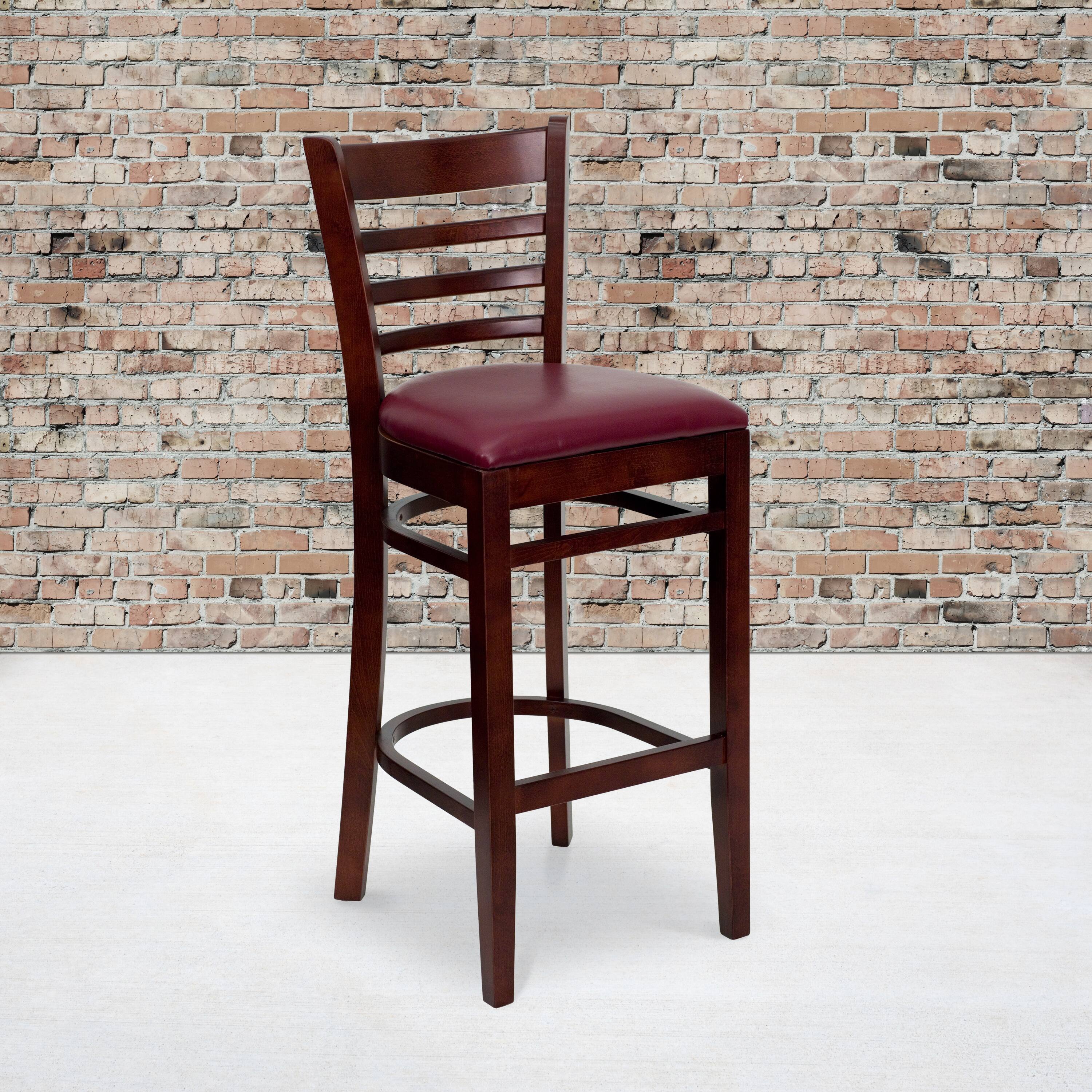 Alt View 2. Emma + Oliver - Bar Stools | Set of 2 Wood Bar Stools with Back - Burgundy Vinyl Seat/Mahogany Wood Frame.