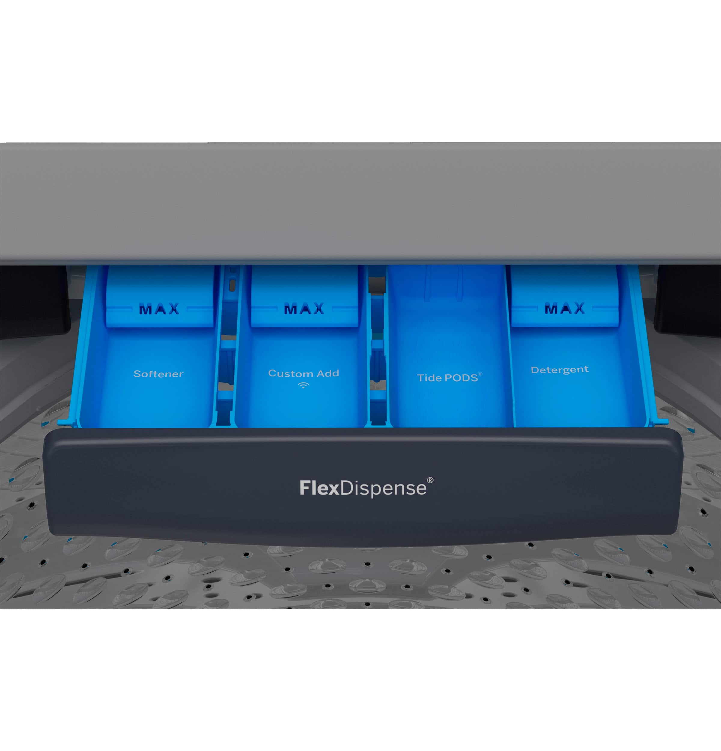 The text on the image is grouped and corrected as follows:
1. MAX M Softener
2. Custom Add
3. Tide PODS*
4. Detergent
5. FlexDispense