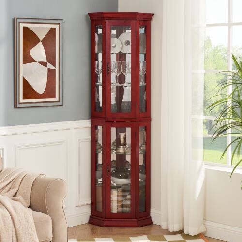 Left. LUCKY ONE - 15.35'in Freestanding Corner Curio Cabinet with Tempered Glass Shelves LED Light for Bar Collectibles - Cherry.