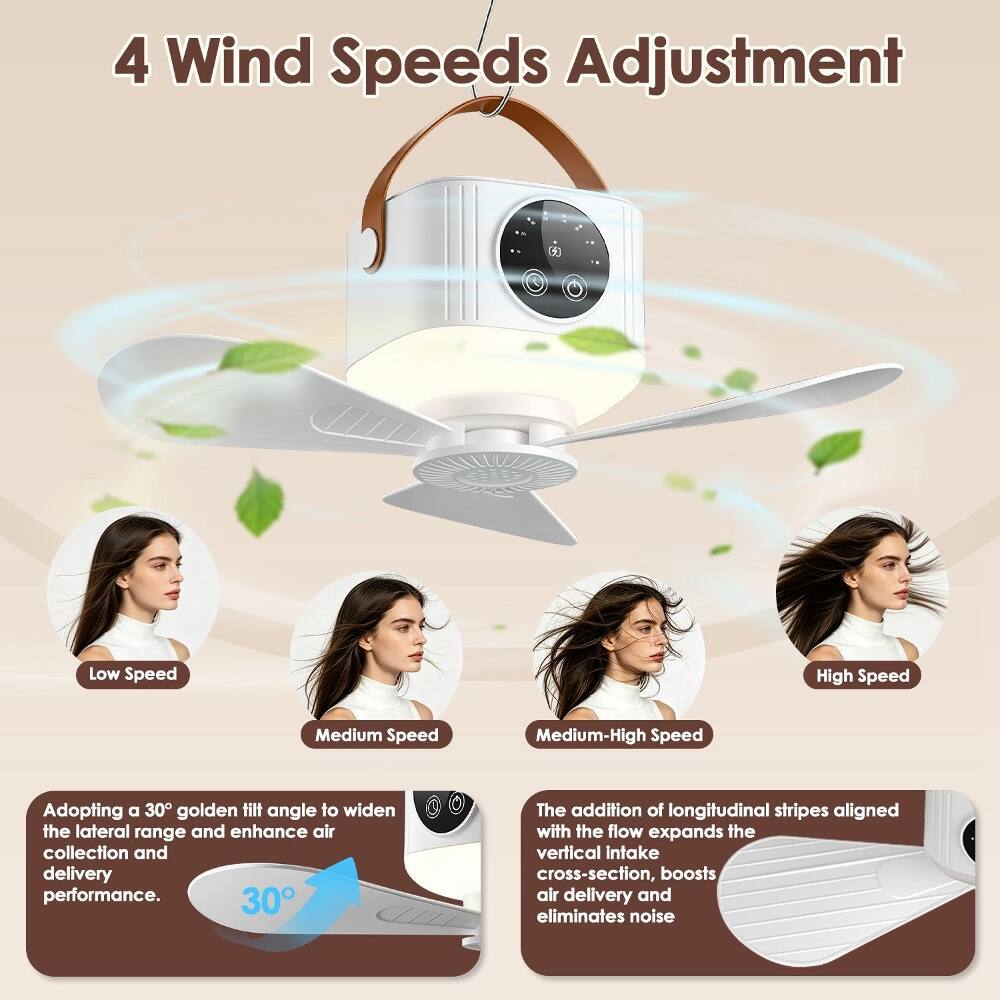 4 Wind Speeds Adjustment

Low Speed  
Medium Speed  
Medium-High Speed  
High Speed

Adopting a 30° golden tilt angle to widen the lateral range and enhance air collection and delivery performance.

The addition of longitudinal stripes aligned with the flow expands the vertical intake cross-section, boosts air delivery and eliminates noise