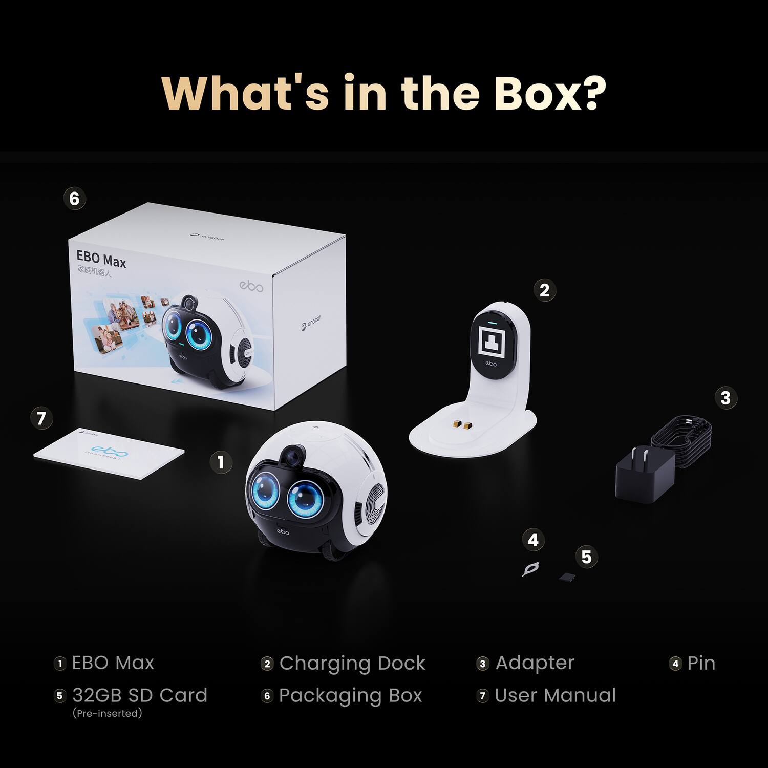 What's in the Box?  
1. EBO Max  
2. Charging Dock  
3. Adapter  
4. Pin  
5. 32GB SD Card (Pre-inserted)  
6. Packaging Box  
7. User Manual