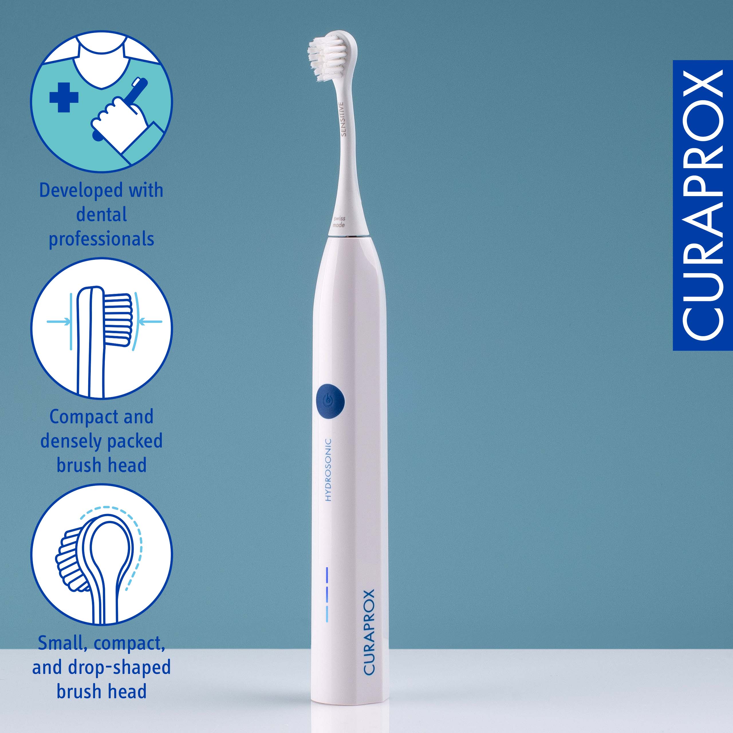 Developed with dental professionals, Compact and densely packed brush head, Small, compact, and drop-shaped brush head, CURAPROX