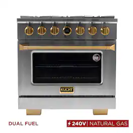 36 in. 5.2 cu. ft. Dual Fuel Range, 6 Burners, NG, SS w/ Gold Accents, Kucht Horus Thermostat - Stainless Steel & Gold
