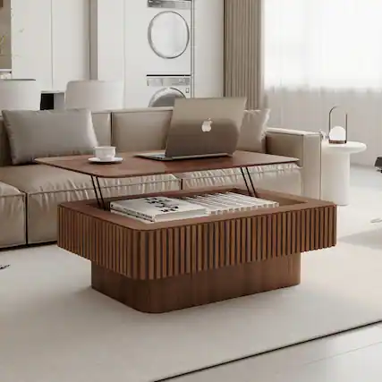 Front. Loheer - Loheer Walnut Lift Top Coffee Table Fluted Wood Storage Center Table Adjustable Height - Walnut.