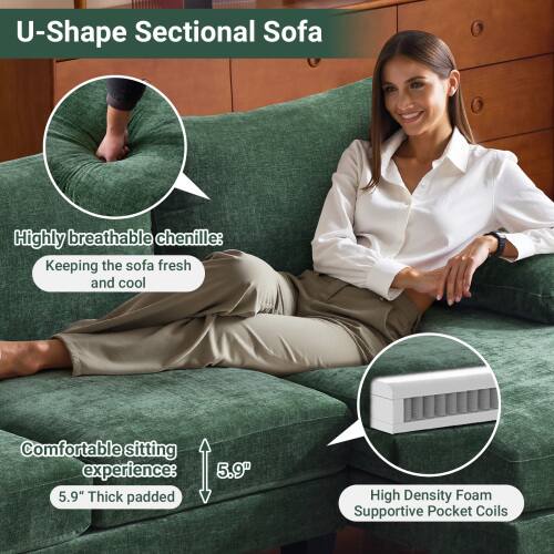 U-Shape Sectional Sofa

- Highly breathable chenille: Keeping the sofa fresh and cool
- Comfortable sitting experience: 5.9" Thick padded
- High Density Foam Supportive Pocket Coils