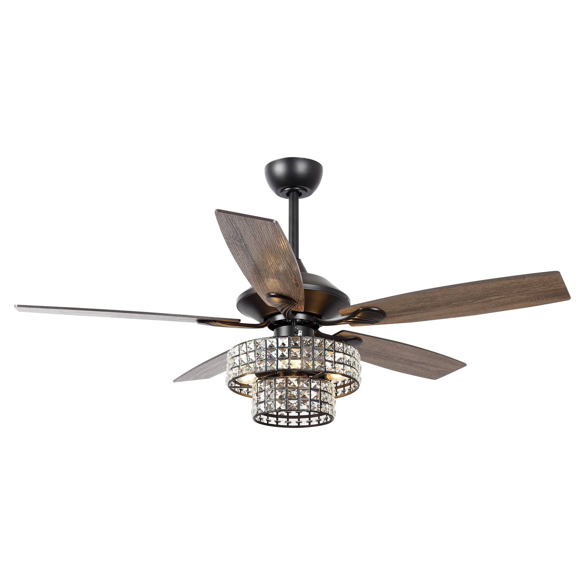 Front. Parrot Uncle - Modern 52" Black 5-Blade Crystal Ceiling Fan with Remote Control - Black.