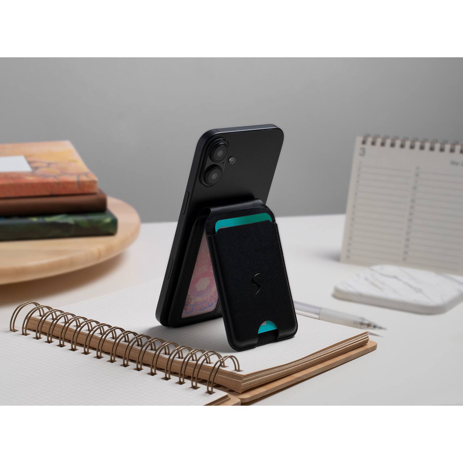 Back. Scapade - MagCard Pro MagSafe Compatible Magnetic Card Holder Wallet with Kickstand, Apple Find My Tracker - Black.