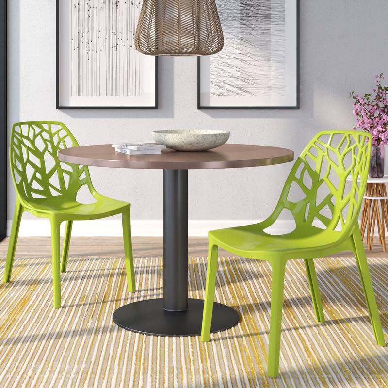 Angle. LeisureMod - Cornelia 2-Pieces Stackable Plastic Dining Chair with Non-Slip Floor Protectors and Fully Assembled - Solid Green.